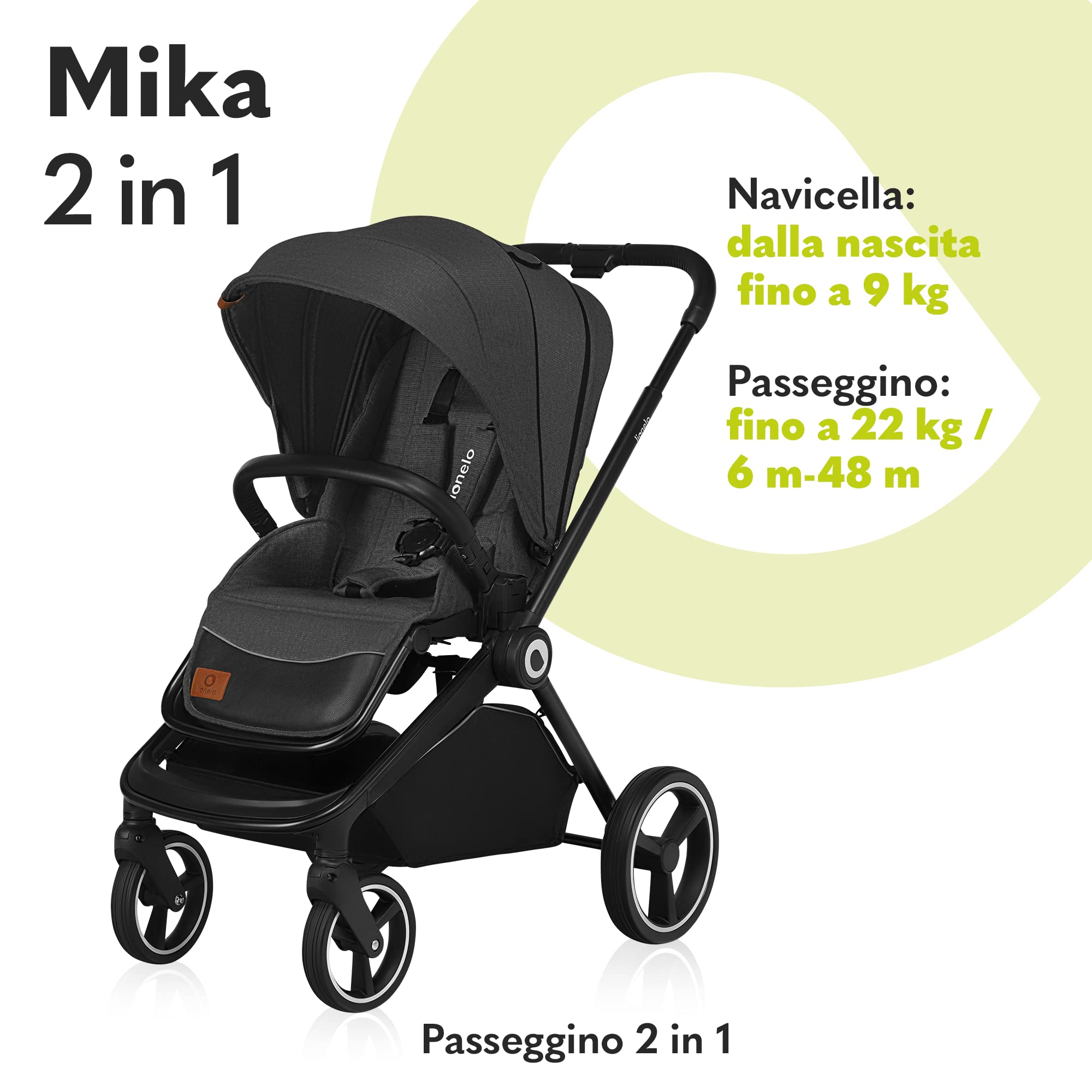 LIONELO Mika Passeggino 2in1 Duo Passeggino da 0 fino a 48 mesi con Seduta secchiello + Navicella per neonato e bambini a 22 kg Regolabile, pieghevole e leggero, Ruote grandi, Cappotina XXL Accesori | Seduta Passeggino, Schienale Regolabile, Pieghevole e