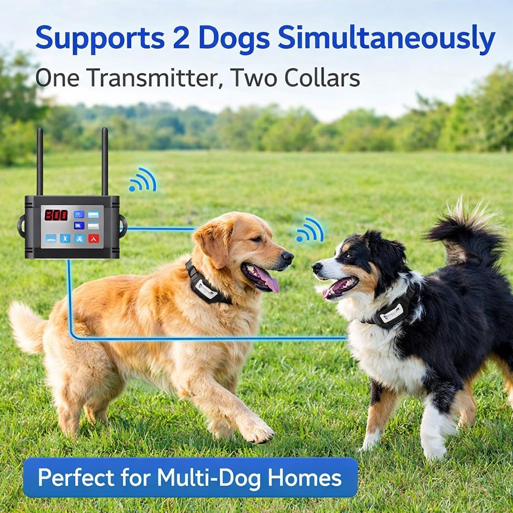 Wireless Dog Fence System for 2 Dogs, Dog Fence with LCD Screen, Adjustable Warning Strength, Range 300 M, Rechargeable Wireless Pet Fence, Dog Perimeter Collar, Invisible Dog Fence