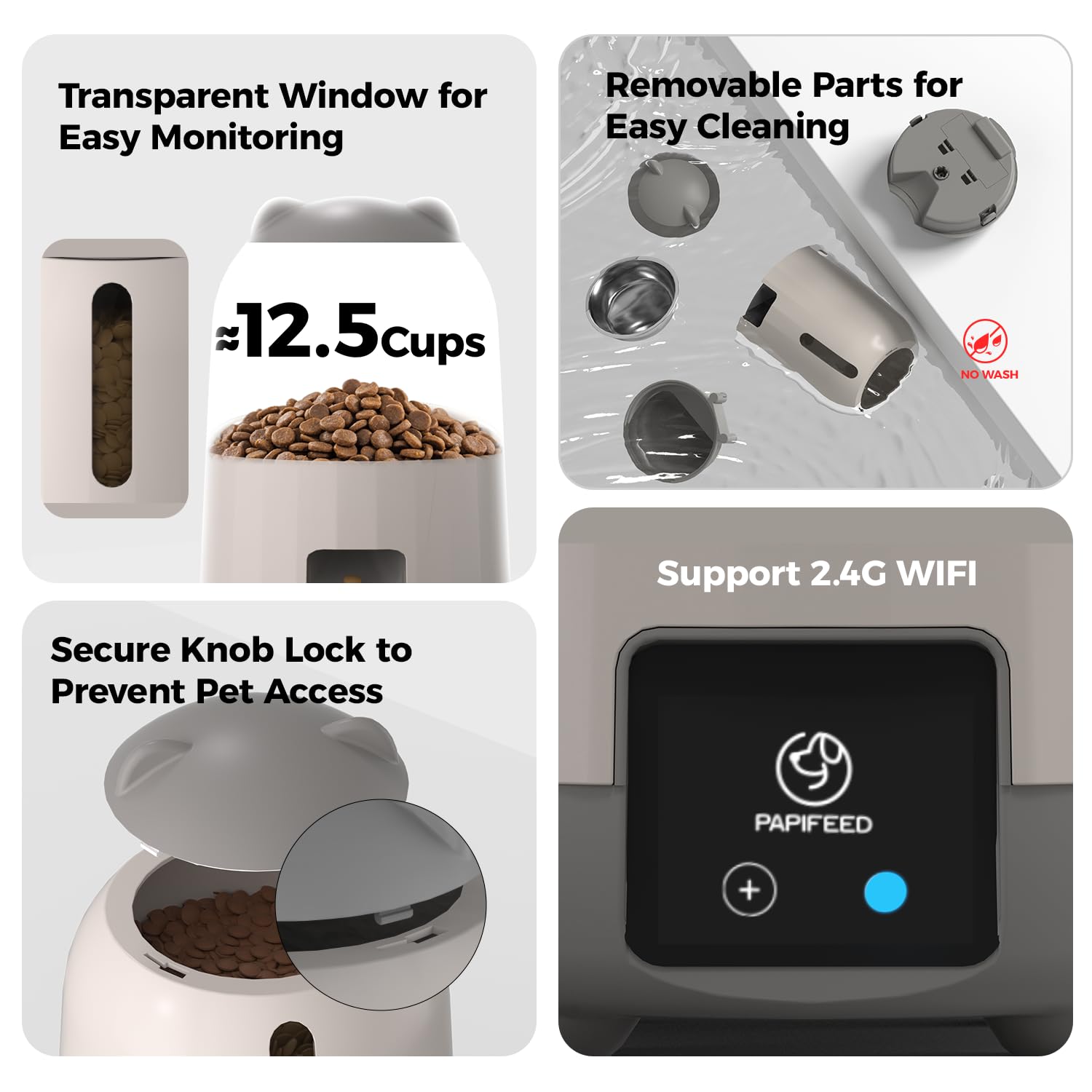 PAPIFEED Automatic Cat Feeder, 2.4G WiFi Auto Cat Food Dispenser with App Control, 3L Auto Pet Feeder with Dual Power Supply, Detachable for Easy Clean for Cats and Small Dogs, Grey