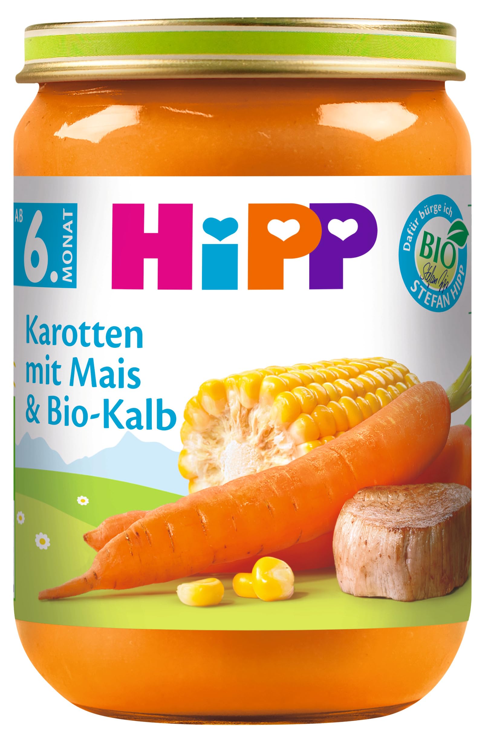 HiPP Karotten mit Mais und Bio-Kalb (6 x 190g), Menü ab 6. Monat, ohne Salzzusatz, mit Omega-3, glutenfrei, in bester Bio-Qualität