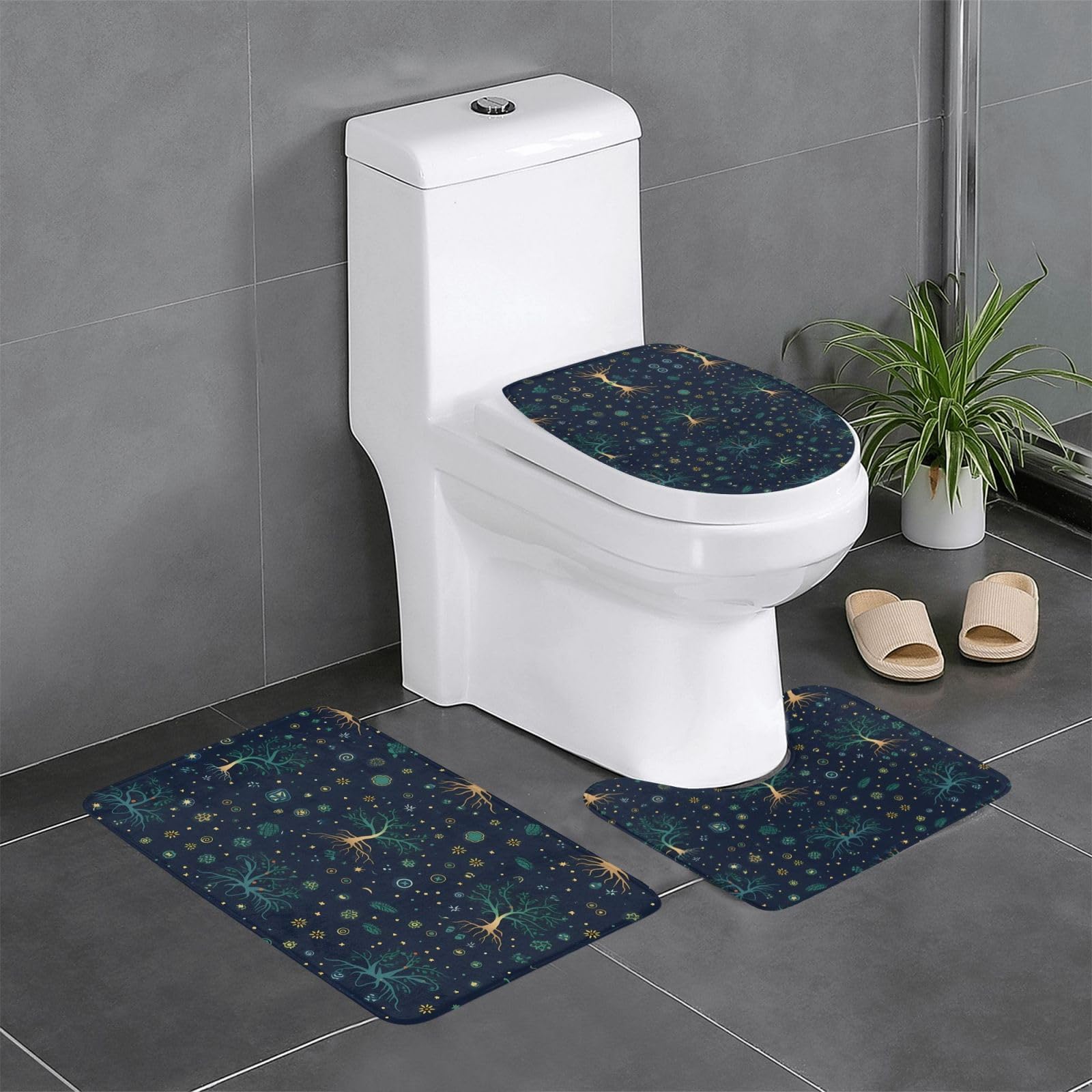Tapis de bain antidérapants lot de 3 arbre de vie et motifs spatiaux ovales et rectangulaires