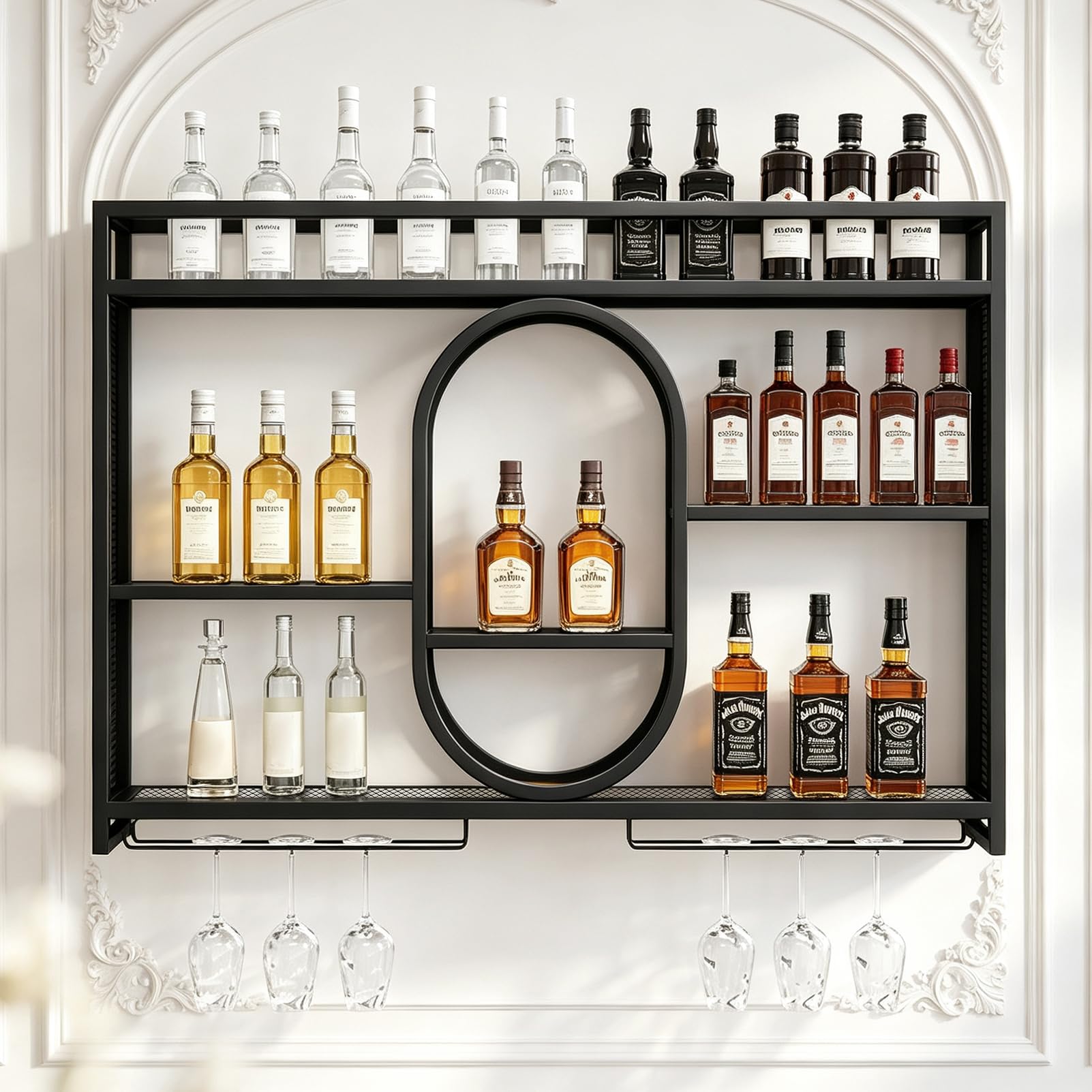 Wandmontiertes Weinregal, für Zuhause, Restaurants und Bars (100 x 80 cm) | Modernes Wandregal für Bars, 3-stufiges Metallregal, Multifunktionales Eisenregal für Champagner, Stielgläser und Wein