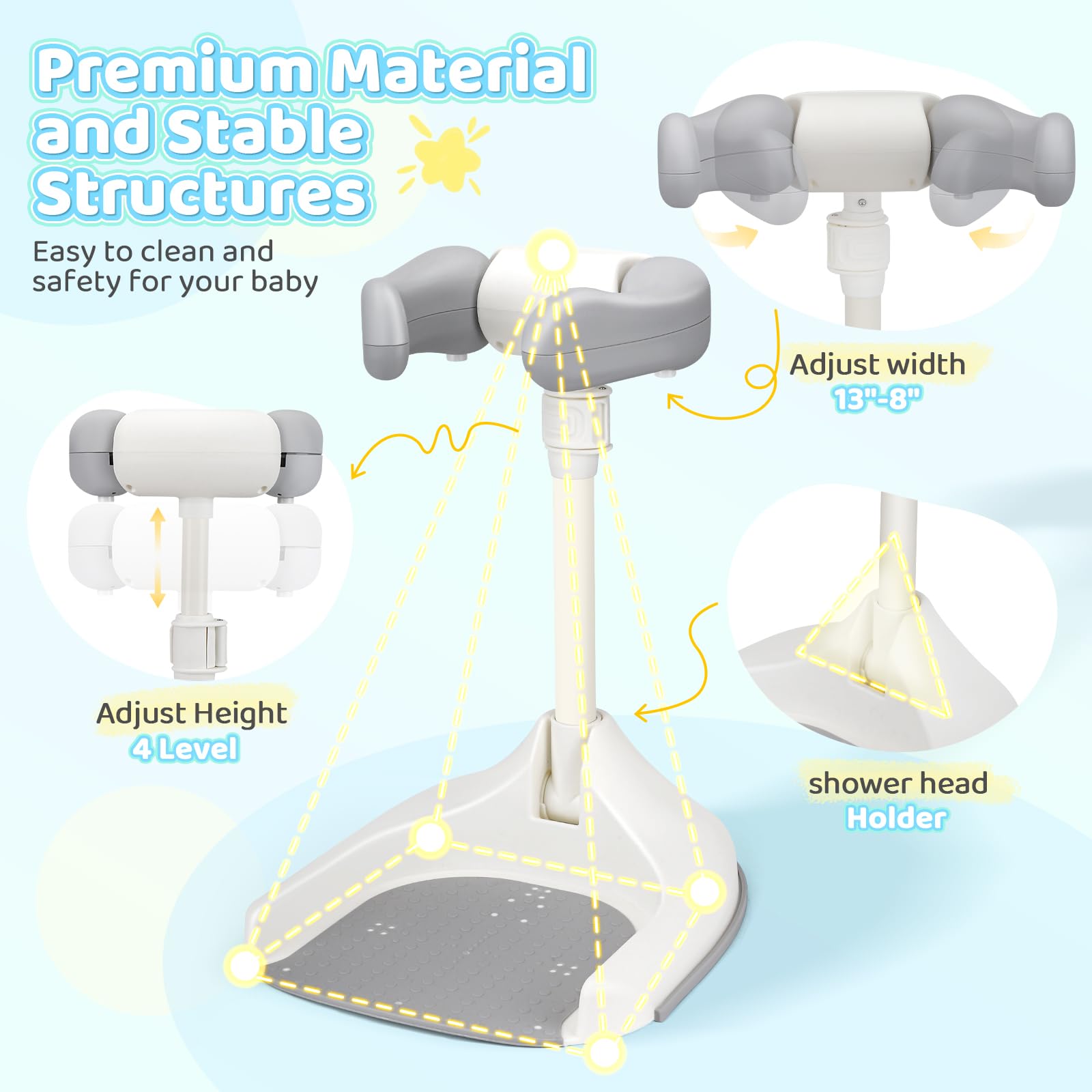 Baby Shower Stand Bath,Support Baignoire Bébé,Support Debout De La Douche De Bébé Antidérapante,Réglable En Hauteur,Support De Douche Pour Les Tout-Petits De 8 À 36 Mois