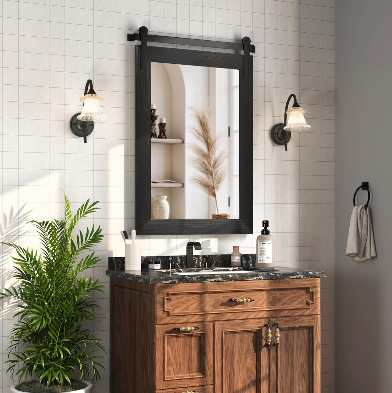 COGOOD Farmhouse Bathroom Mirror - 29 x 42 Rustic Barn Door Style Mirror for Living Room, Entryway, Vanity Wall Decor (Black) Black 29x42