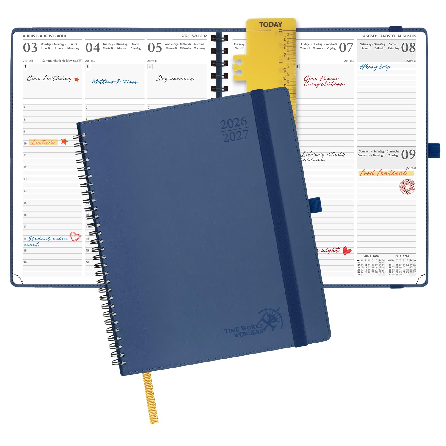 POPRUN Academic Diary 2026-2027 Week to View Large (26.5x21.5 cm) Soft Cover Spiral 17 Months (Aug'26 - Dec'27) Mid Year 26/27 Vertical Weekly Planner(Navy blue)