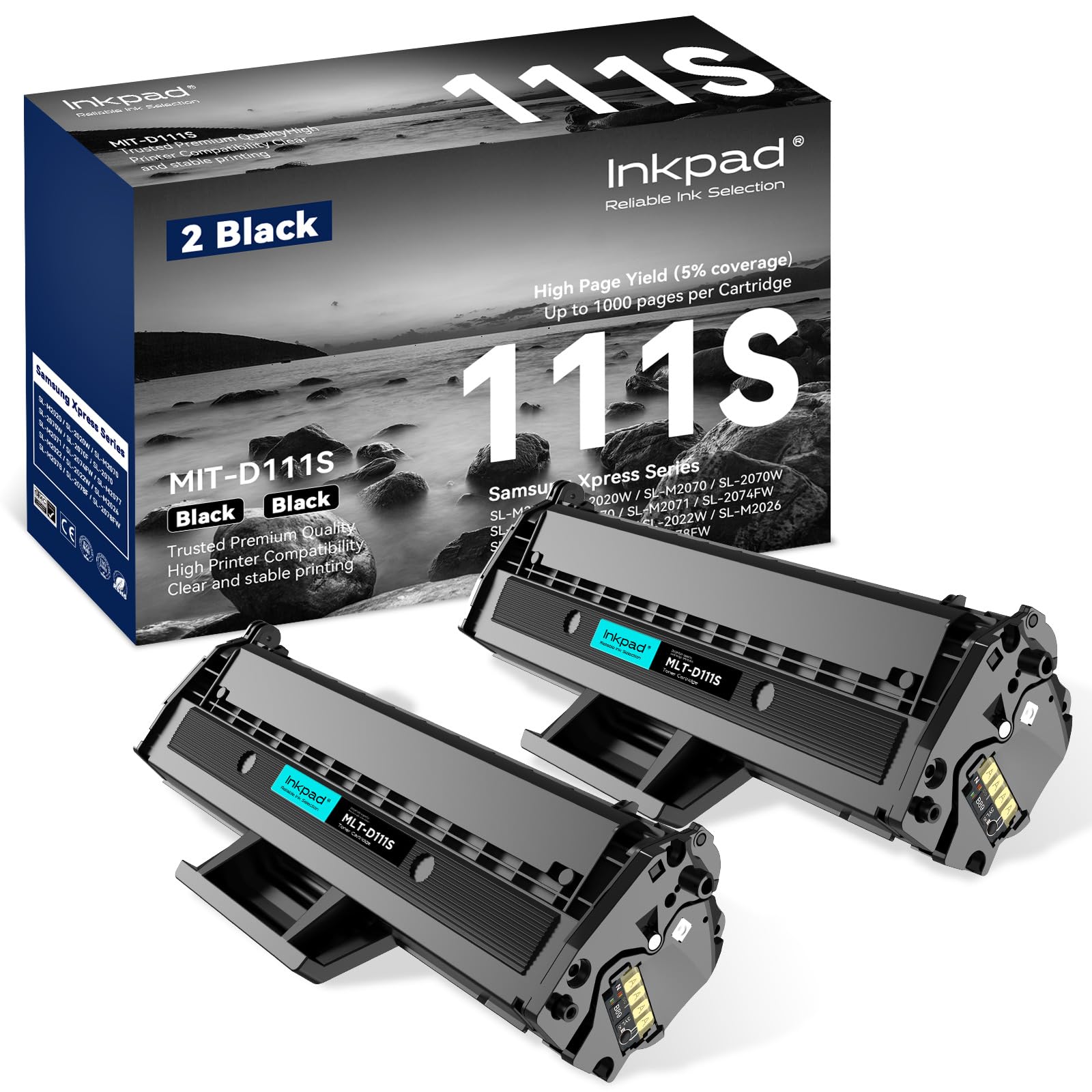 iNKPAD MLT-D111S Toner Cartridges 2 Black Combo Pack Compatible Replacement for Samsung D111S 111S MLT111S Works for M2020W M2070W M2026 M2020 M2070
