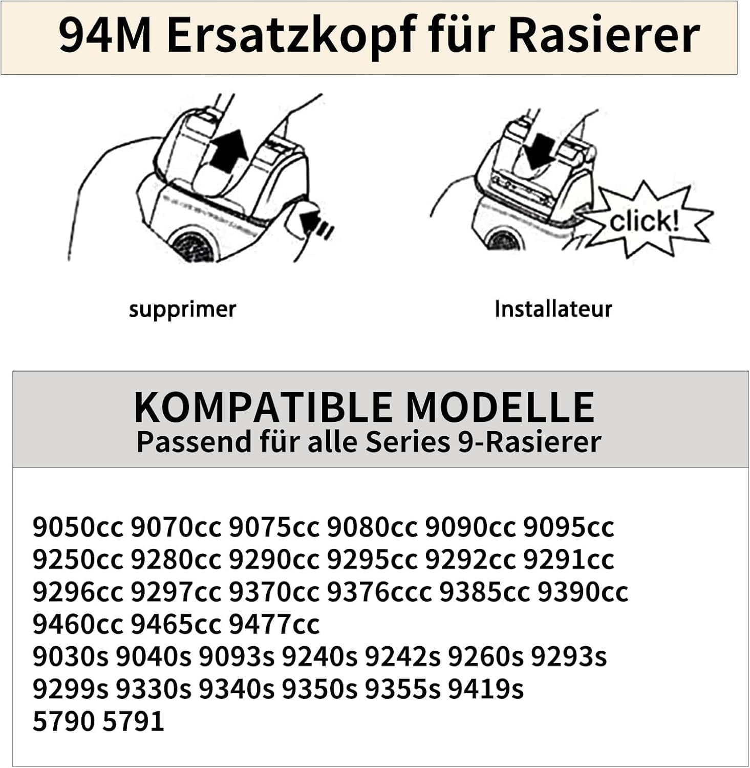 94M Scherkopf für Braun Series 9, Ersatzscherkopf Kompatibel mit Braun Serie 9 Pro S9 Elektrorasierer, Scherblatt Passend für 9465cc, 9417s, 9390cc, 9290cc, 9095cc（Silber）