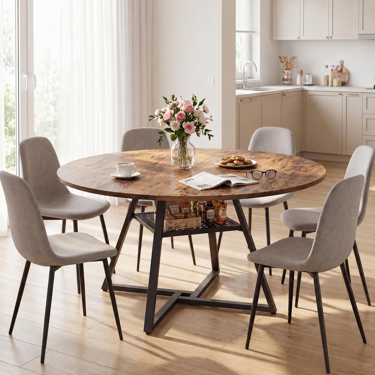 APICIZON Round Dining Table 120 cm, Kitchen Table for 4-6 People with Storage Shelf, Rustic Wood Round Table with Cross Metal Legs, Dining Table for Dining Room, Living Room, Apartment, Brown