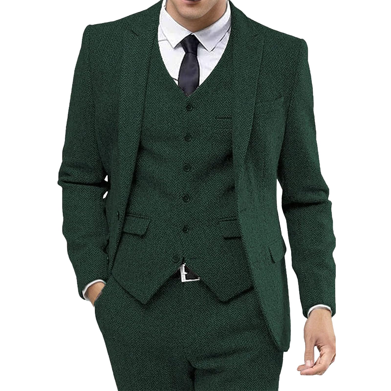 Costume élégant en Tweed à Chevrons pour Homme, idéal pour Un dîner, Un Mariage ou Bal de Promo. Ensemble 3 pièces avec Revers Pointus.