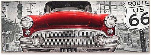 Red Classic Car Route 66 Retro Wood Wall Decor Arte de pared de coche clásico grande para hombre cueva, garaje o sala de estar