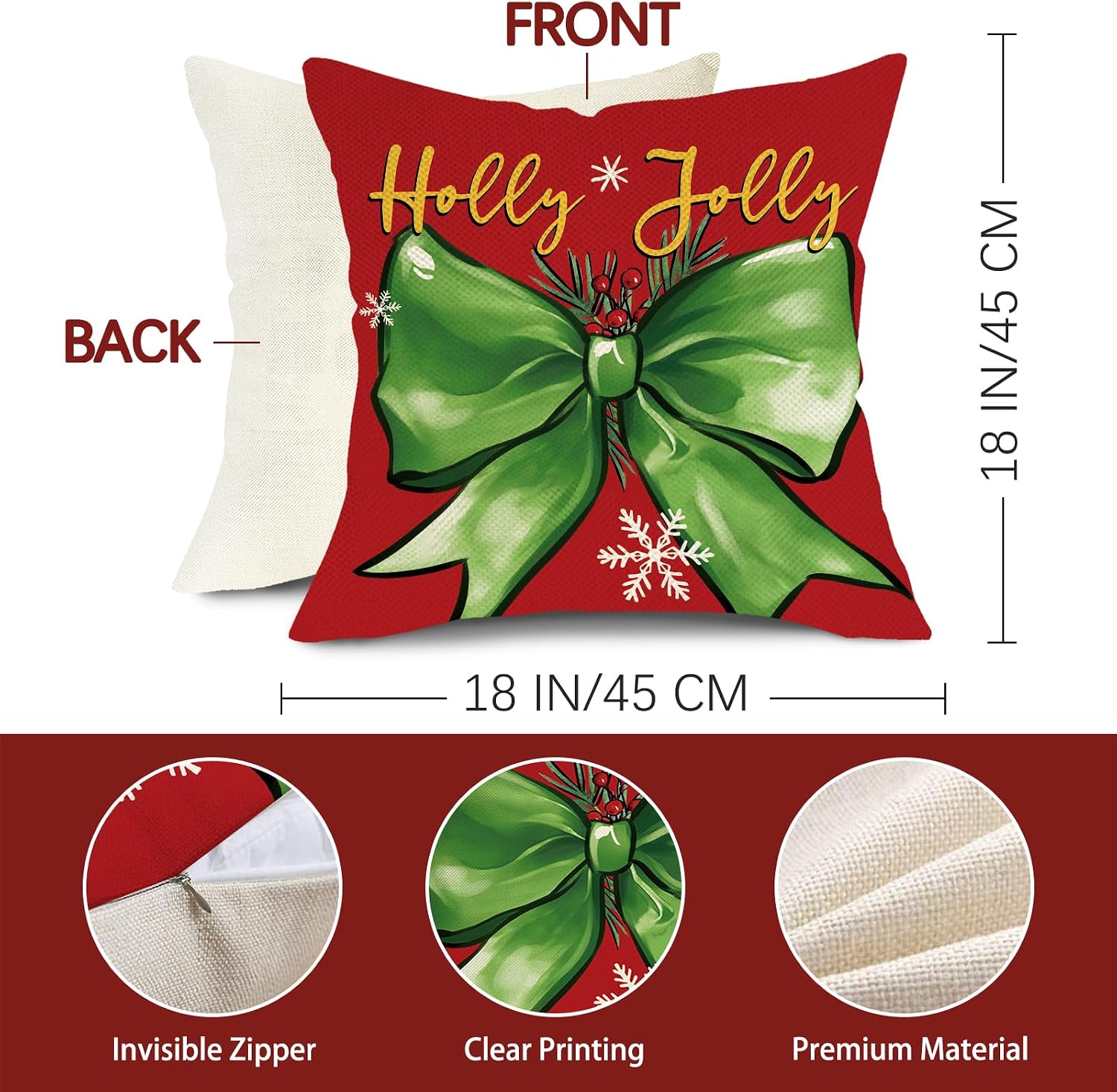 Christmas Green Red Bow Decorative Throw Pillow Covers image 3