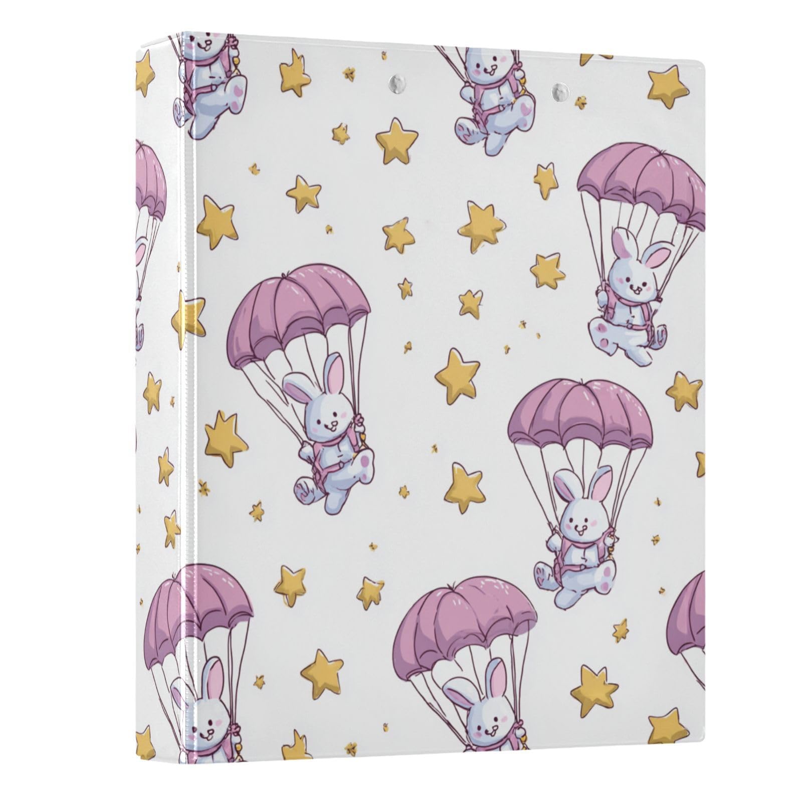 Kcldeci Raccoglitore a 3 anelli con copertina rigida, motivo: coniglietto con paracadute e stelle, 3,8 cm, 200 fogli, per ufficio, casa, rientro a scuola, confezione da 2