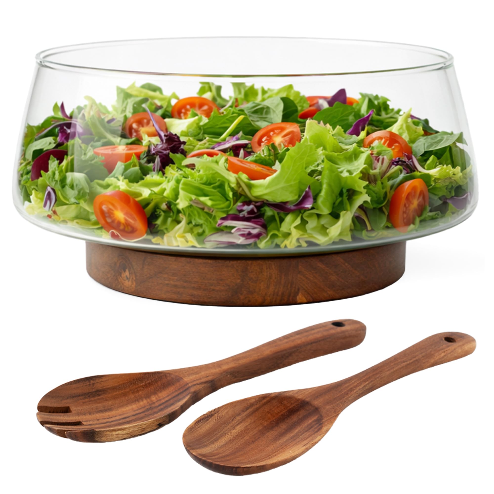 MIAMIO - Ensaladera de cristal/Bol para ensalada, madera de acacia (3,5L) | Ensaladera de cristal con base de madera de acacia, bol para servir / frutero de cristal con utensilios para ensalada