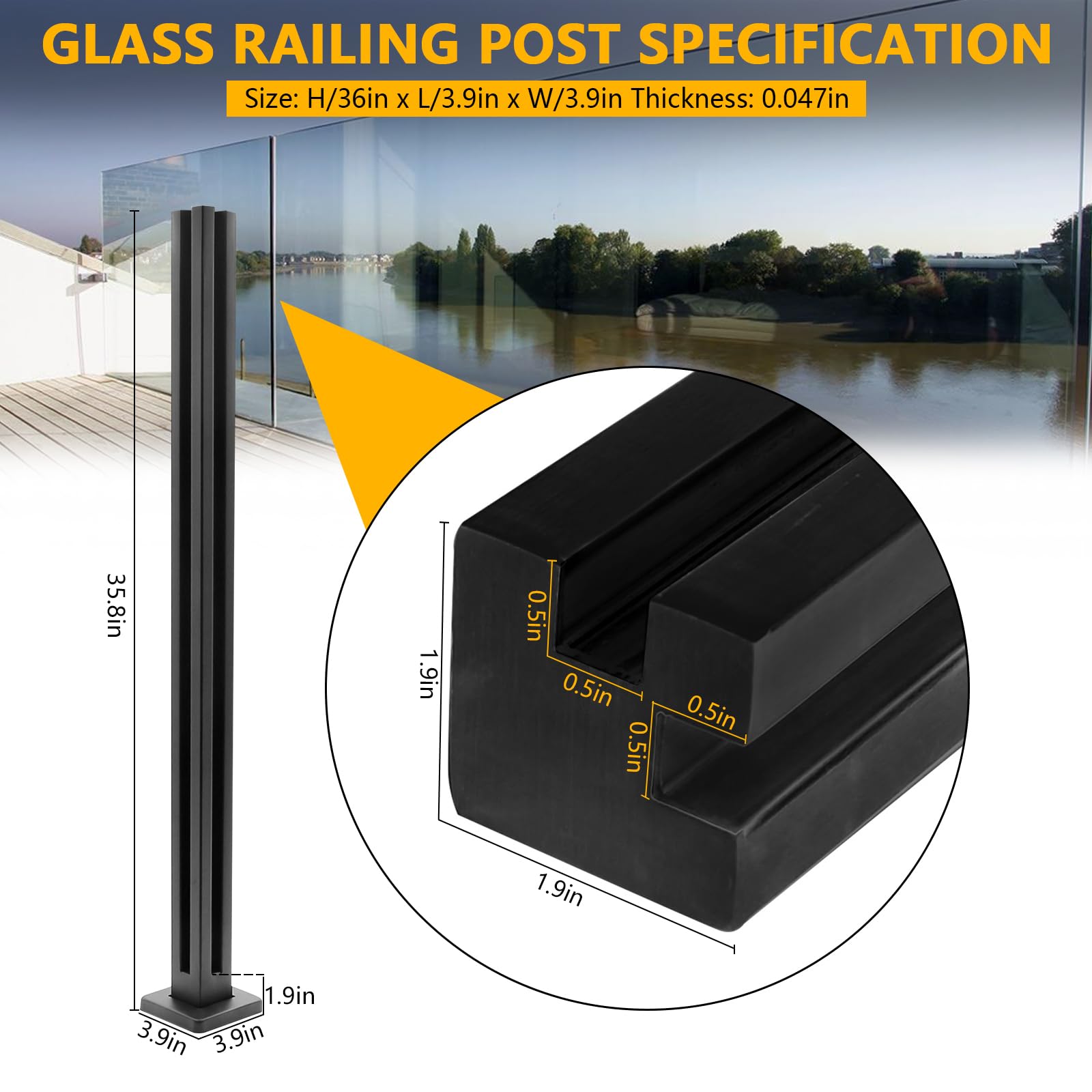 Poteau De Balustrade En Verre En Acier Inoxydable 304 Argenté Avec Fentes For Robinet Et Base Robuste For Marches, Balcon, Escalier, Terrasse