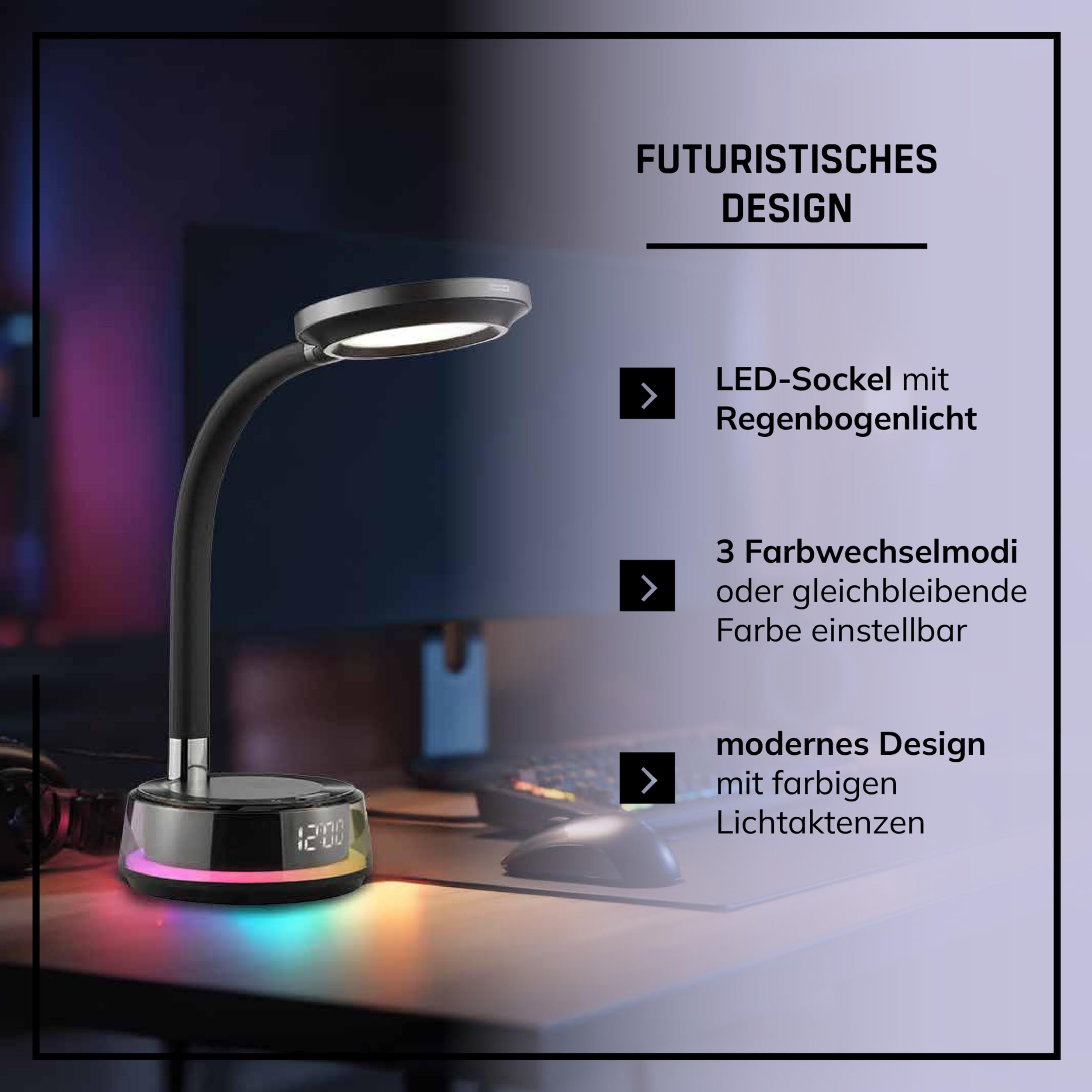 Lightbox LED Schreibtischlampe - dimmbare schwarze Schreibtischleuchte - LED-Tischlampe mit USB - Wireless Charging - CCT - RGB-Lichteffekt