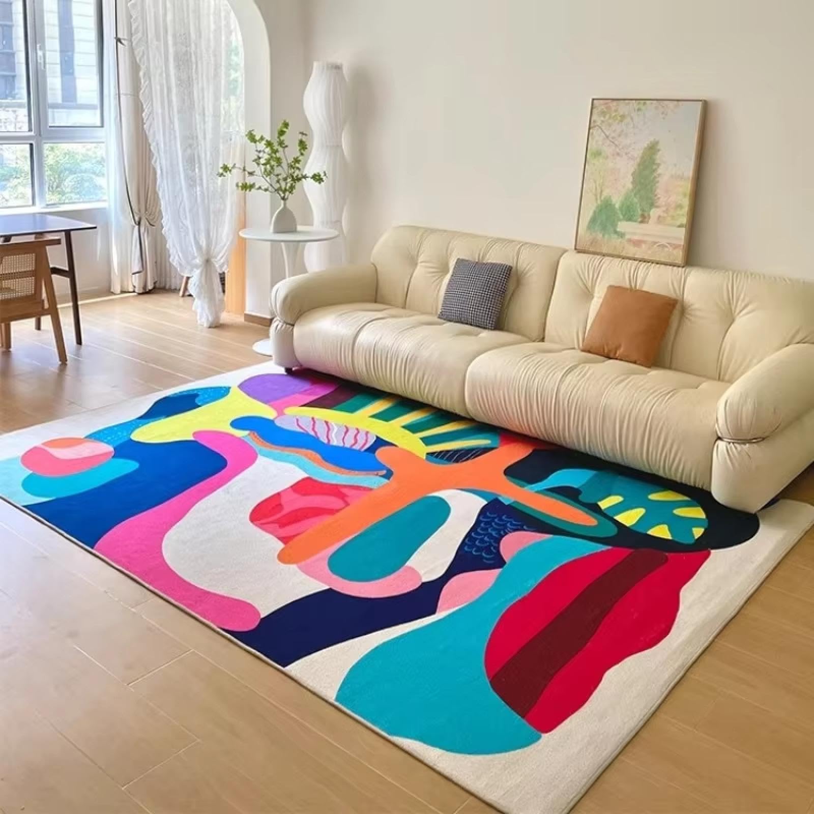 Alfombra colorida para sala de estar grande y dormitorio con arte de felpa