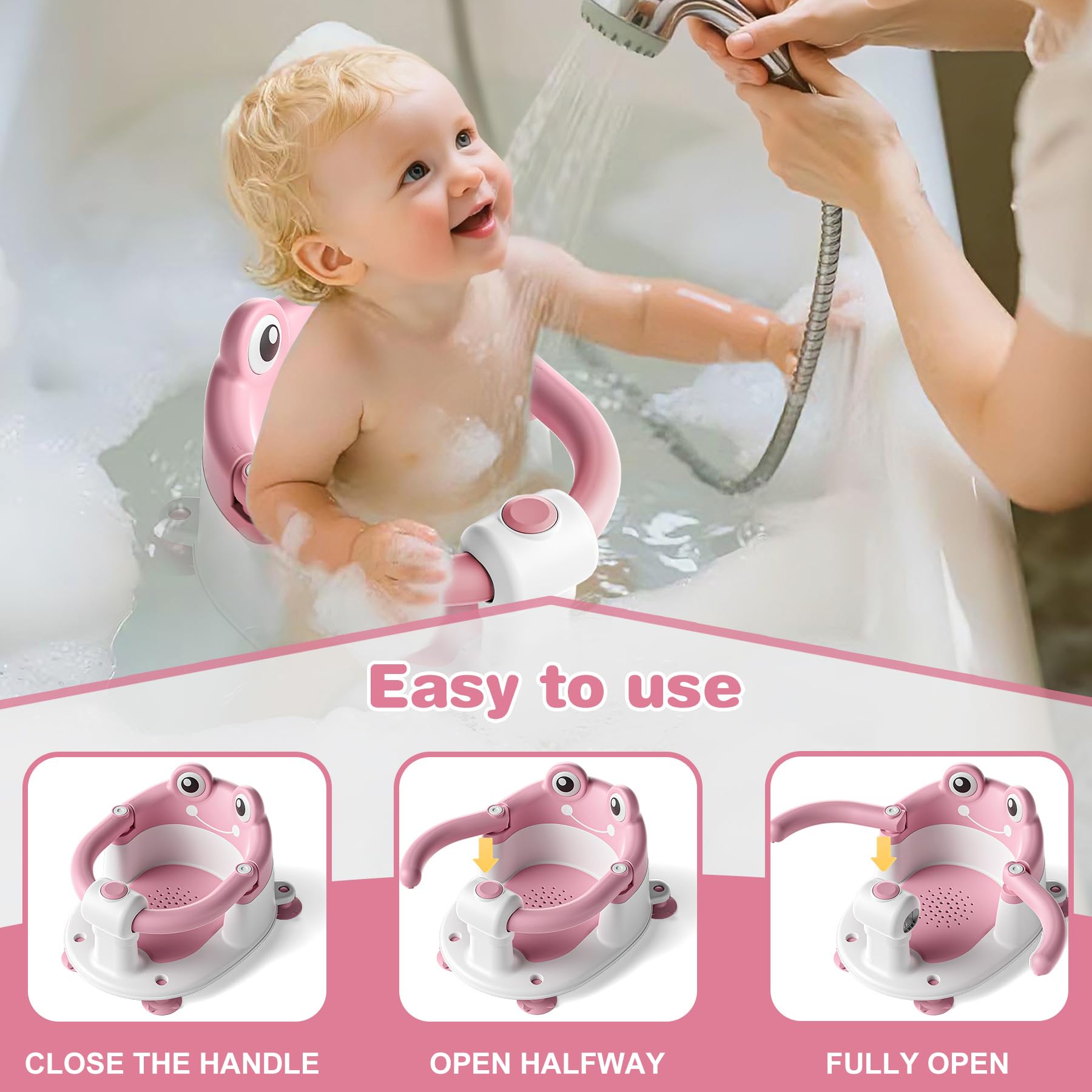 Asiento de Bañera para Bebé a Partir de 5 Meses, Silla de Baño Segura y Portátil, Antideslizante con Diseño de Rana, 4 Ventosas y Cojín Transpirable para Ducha y Bañera, Rosa