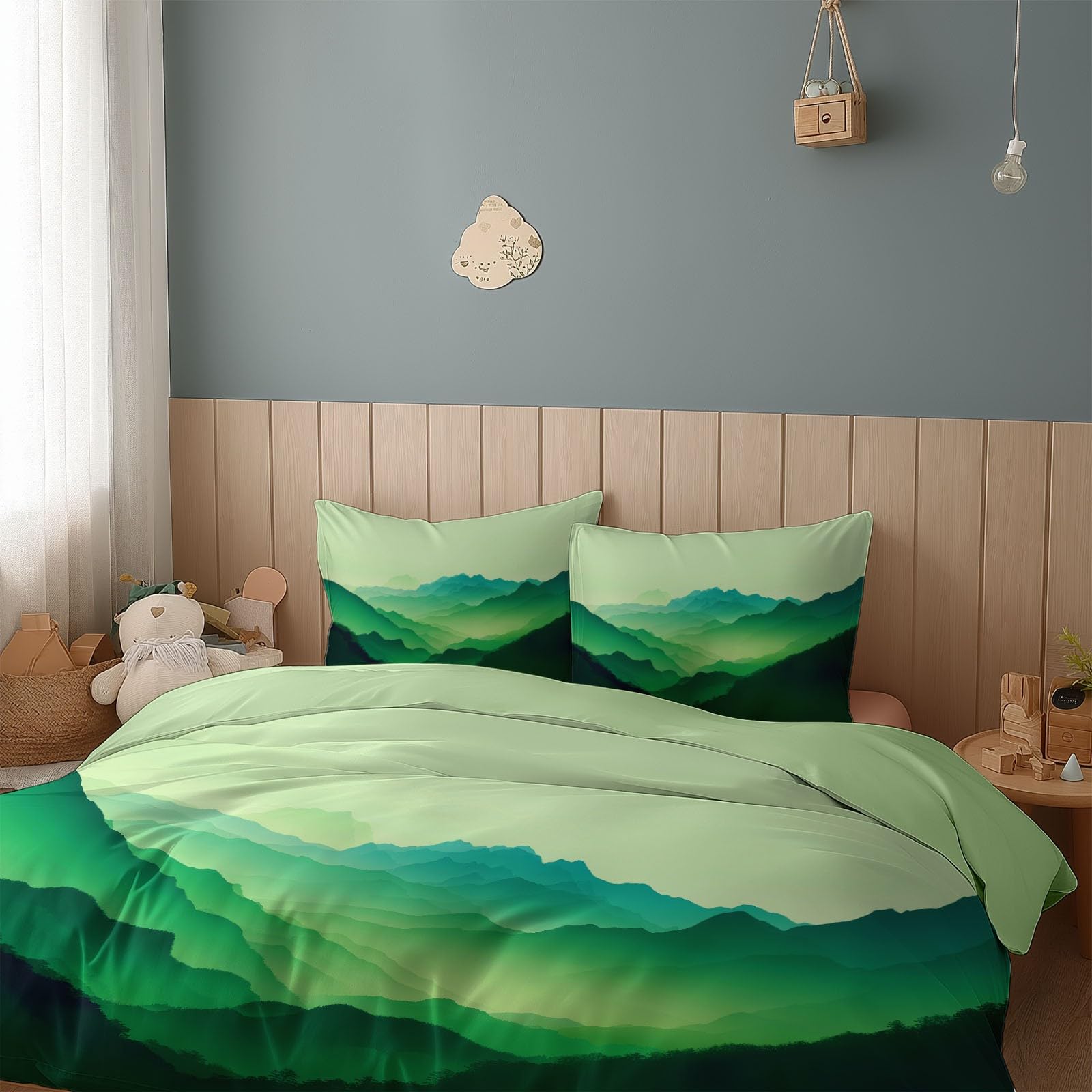 Poszwa na kołdrę 260 x 240 cm Chińskie góry Tradycyjny obraz 3-częściowy zestaw pościeli z mikrofibry, jasnoniebiesko-zielony zestaw pościeli dla 2 osób, zestaw pościeli z 2 poszewkami na poduszki