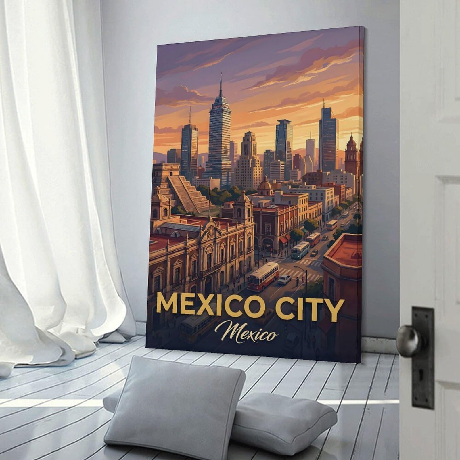 Junmoney Mexico City Skyline at Sunset Home Decor Wall Art, 24x36inch(60x90cm), for Work Areas, Reading Rooms Or Studios, An Interior Accent for Desk Areas