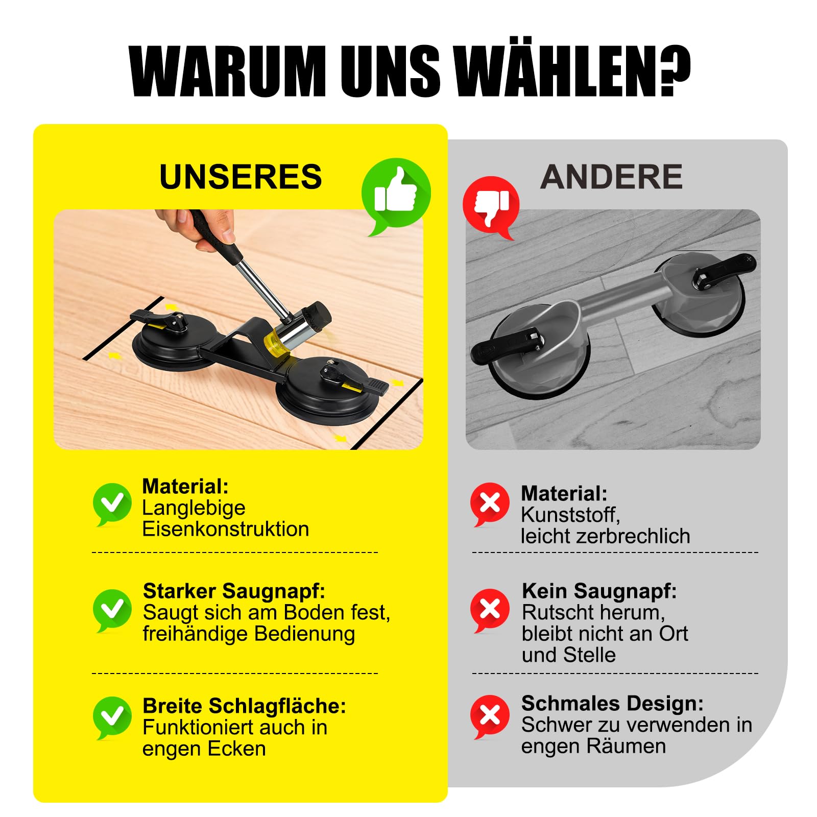 Laminat Saugnapf Bodenlücken Fixierer, schwerlastiger 45° Hammerfläche, mit zwei Saugnäpfen für doppelte Verstärkung, Plankengreifer aus Eisen – Reparatur Werkzeug für Laminat & Vinyl