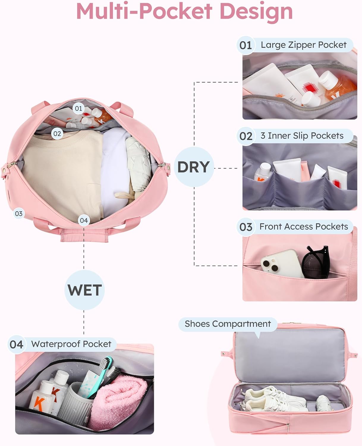 Personalized Initial Travel Duffle Bag for Women, Dance Bags with Foldable Shoe Compartment, Carry-On Weekender Duffel, Gifts for Teenage Girls, Water Resistant, Pink Letter J - Image 3