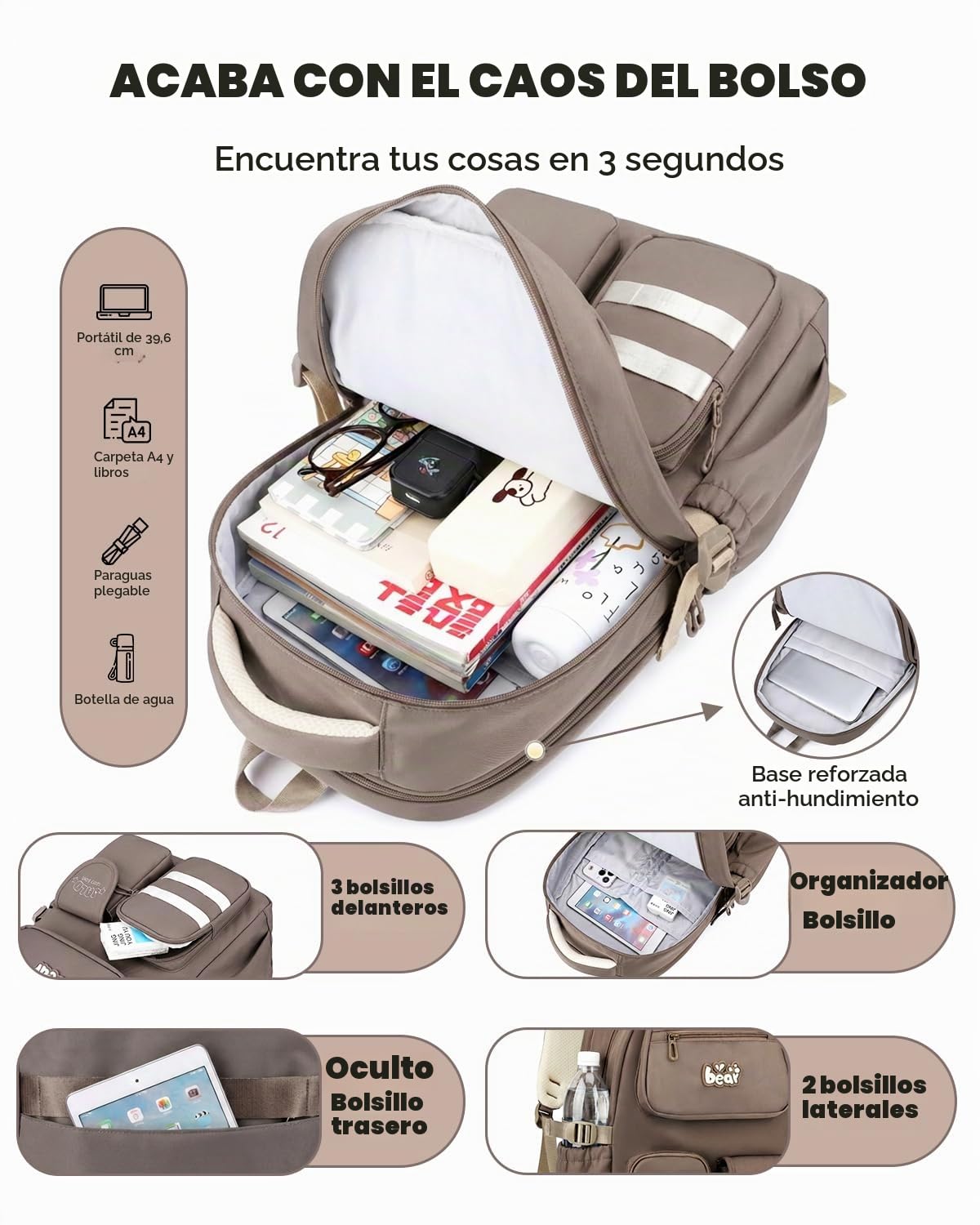 Amythe Mochila Escolar para Niñas Adolescentes, Mochila Colegio Chicas Impermeable Ergónomica, Mochilas Escolares Casual para Portátil 15.6", Apta para Carro, 10-18 Años -Marrón