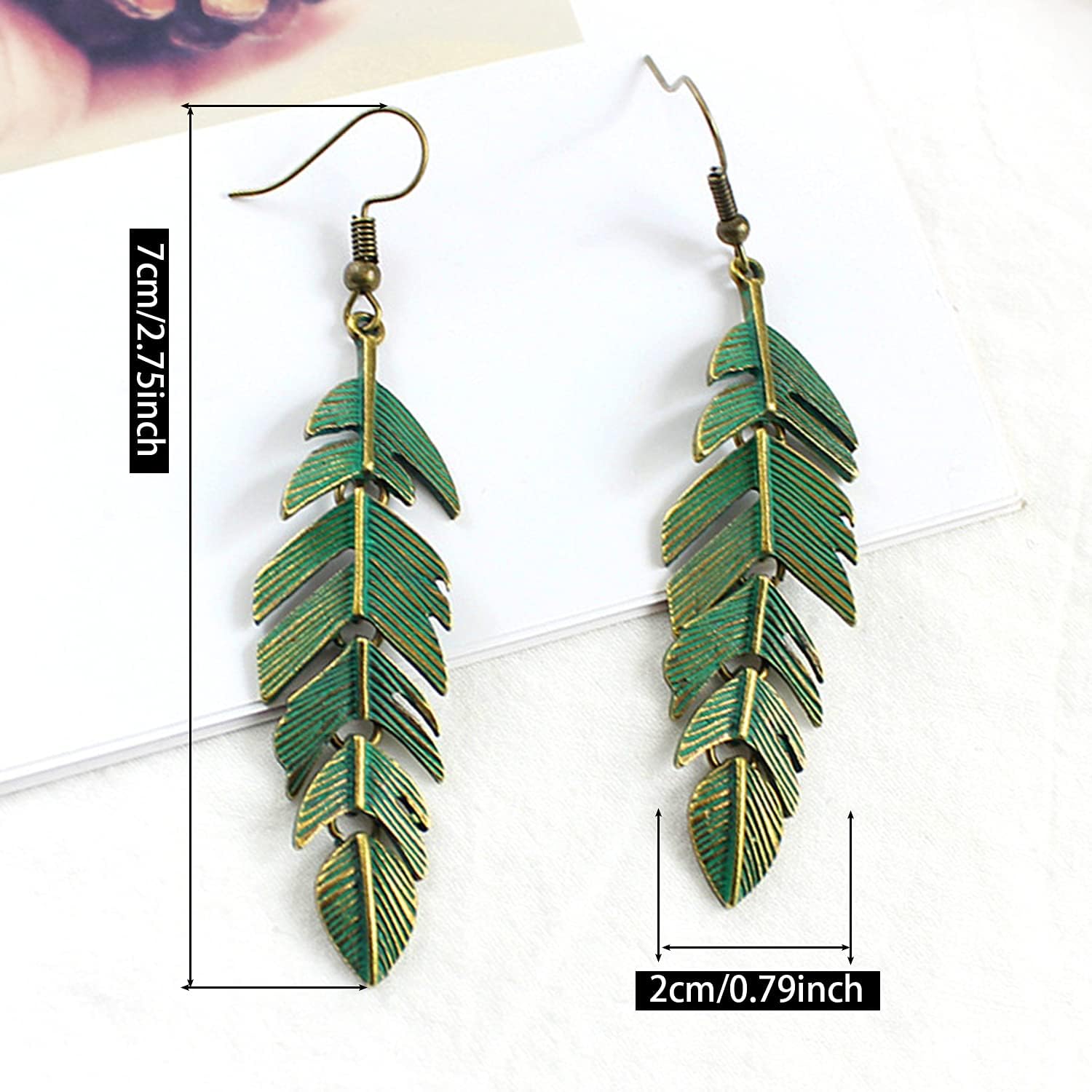 ANDPAI Handmade Boho Floating Feathers Dangle Drop Earrings Lightweight Vintage Green Bronze Statement Leaves Earrings with Detailed Texture Earring for Women - Image 2