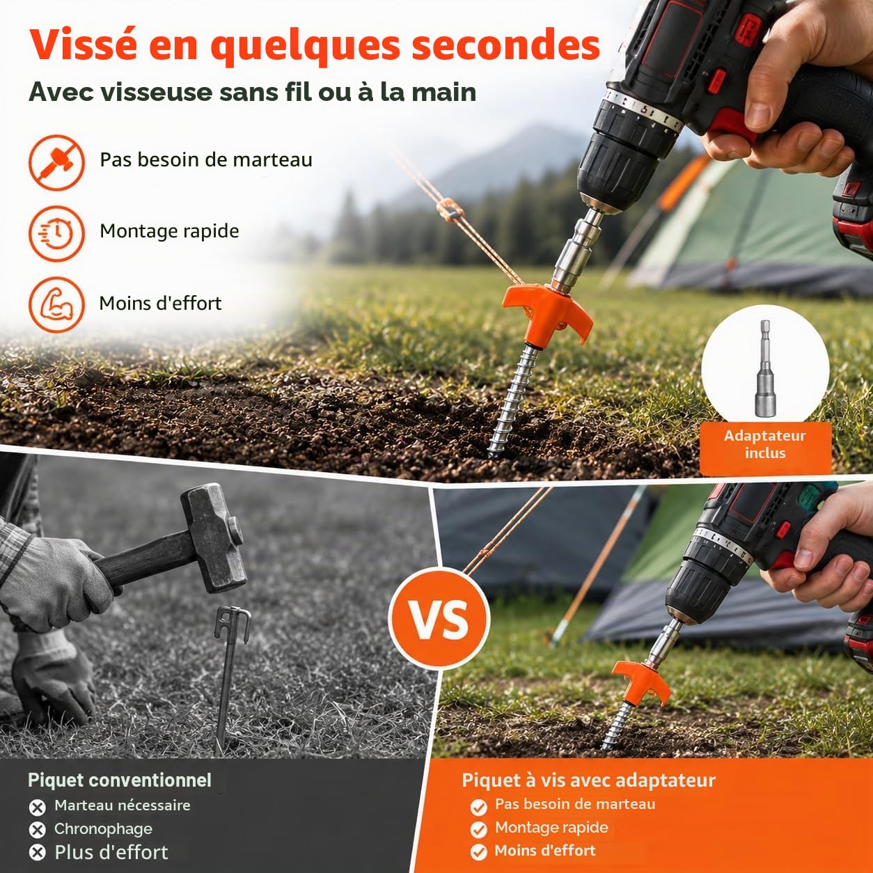 Lot de 20 Piquets de Tente en Acier à Visser, Ancrage au Sol Fileté pour Tente et Auvent, pour Camping, Sol Dur et Bois