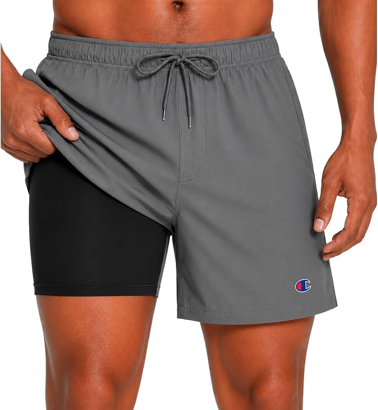 Bañador Champion 5"para hombre, pantalón corto de tabla con forro de compresión | Secado rápido, traje de baño para hombre, forro de compresión, bolsillos con cremallera, diseño estampado atrevido, cordón ajustable, natación activa