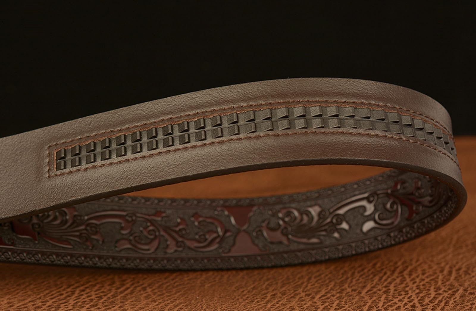 Herren-Leder-Ratschengürtel, Retro-geprägt, florales Schnitzen, Retro-Stil, Adler-Schnalle, Bund, 3,5 cm, passend zugeschnitten