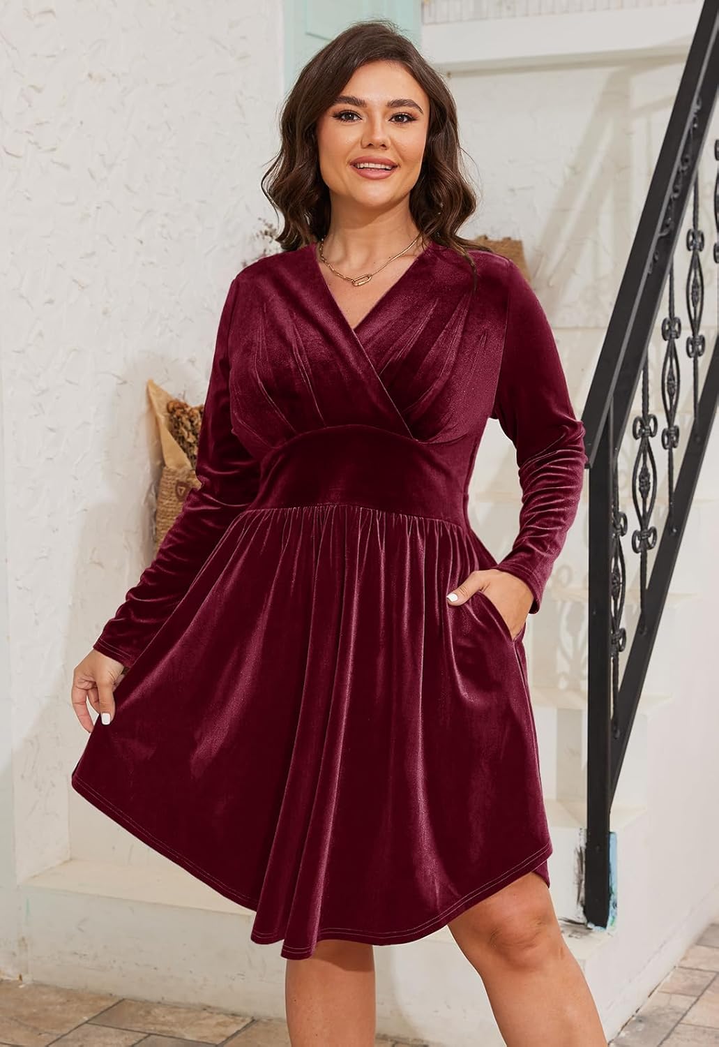 Women’s Plus Size V Neck Velvet Dress Long Sleeve Wrap Empire Waist Midi Dress for Wedding Guest - Image 5