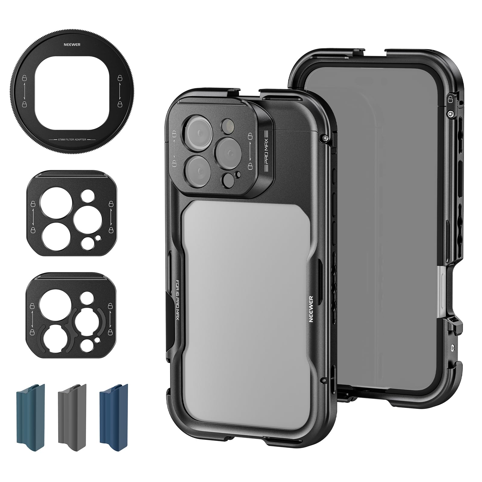 NEEWER 16 Pro Max Cage, Quick Release Video Rig Phone Stabilizer Compatible with iPhone 16 Pro Max with Adapters of 67mm Filter, 17mm Lens & T Mount Lens, Full Camera Control Access, PA074