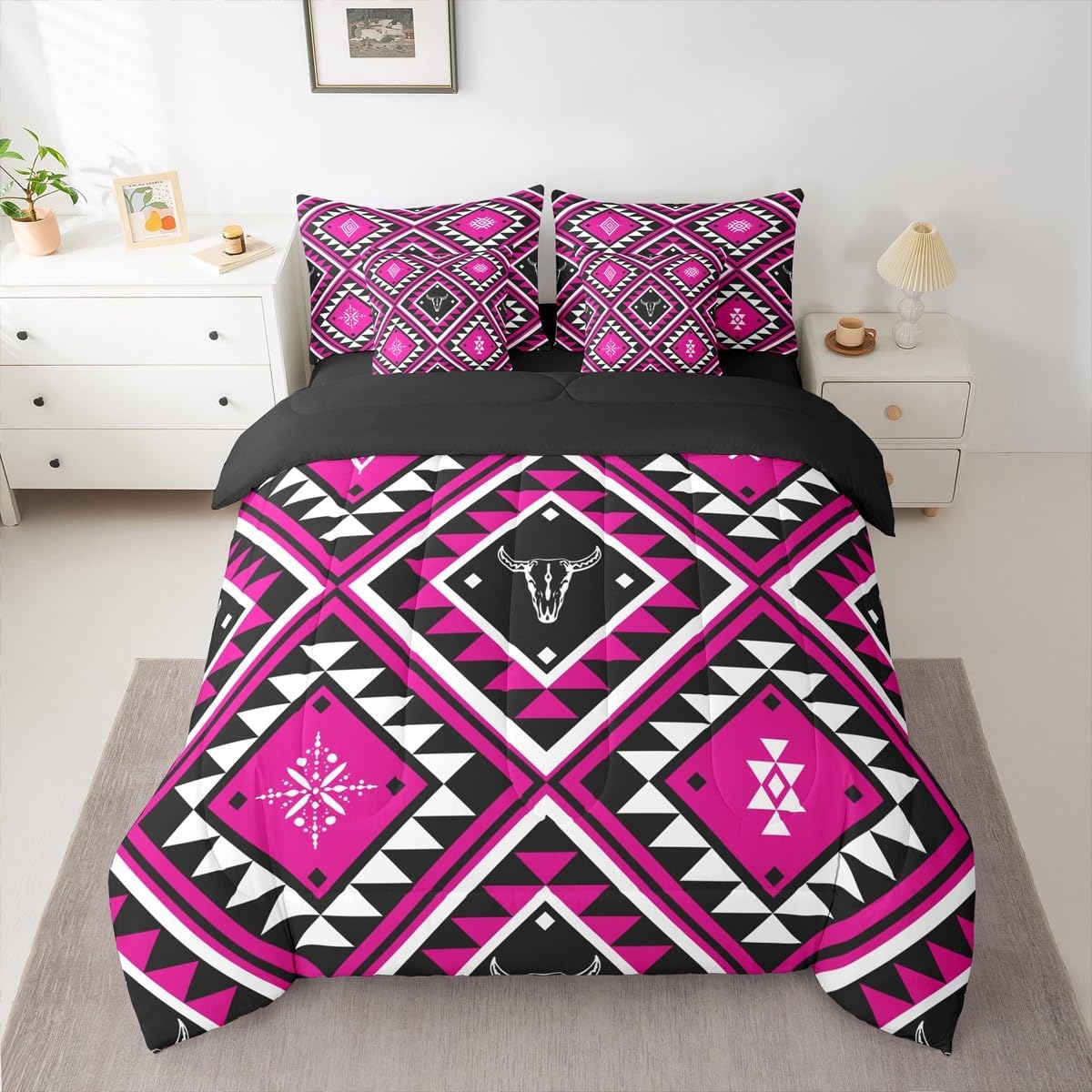 Erosebridal Rustic Southwestern 7 Pcs Comforter Set Full,Hot Pink Boho Western Bedding Set Teen Girls Bull Skull Comforter Aztec Tribal Bohemian Sheet Set Bed in A Bag Diamond Duvet Set