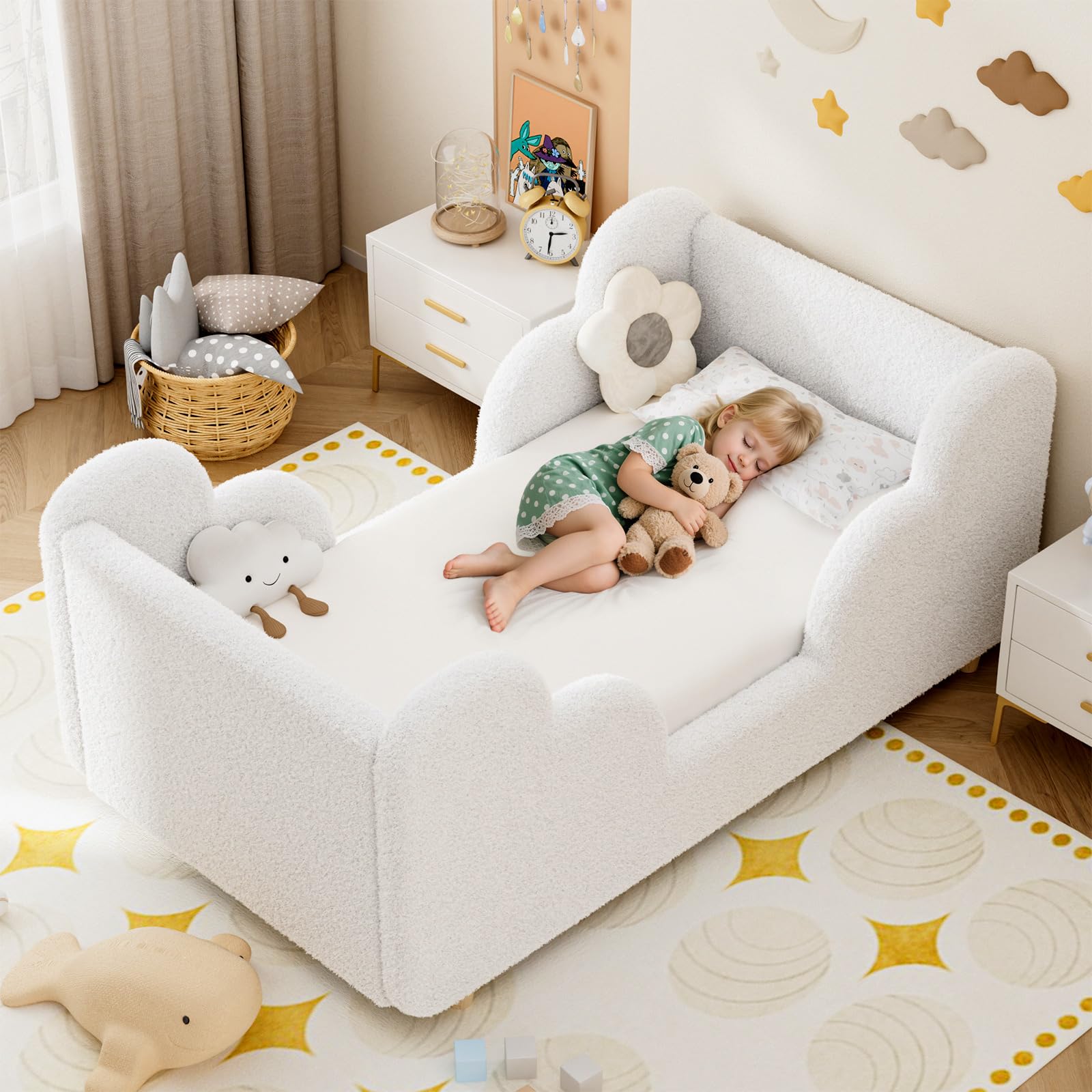 Toddler Bed, 140x70cm Soft Padded Kids Bed with Cloud-Shaped Safety Guardrails, Low Bed Frame for Girls Boys Children, Cot to Bed Transition (Mattress NOT Included) — view 12