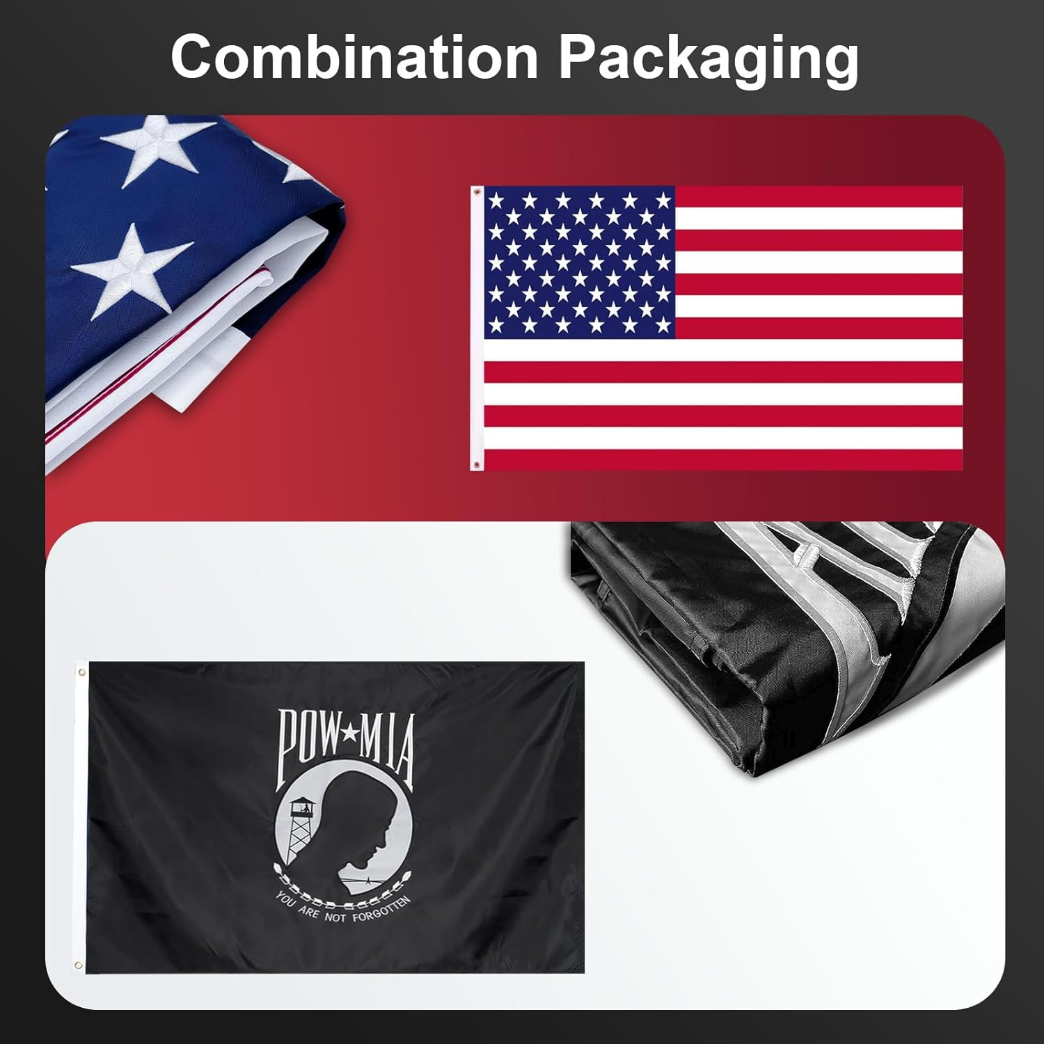 SYII Combo Pack: Pow Mia Flag and American Flag 3x5 FT Outdoor, Embroidered Pow Flag and USA Flag, Heavy Duty Nylon with 2 Brass Grommets