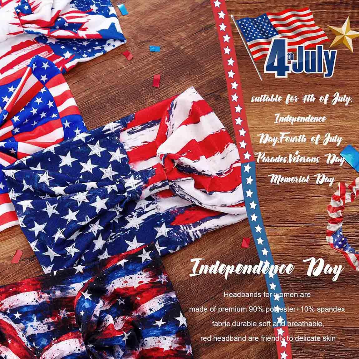 Olbye 4th of July Headbands Patriotic American Flag Hairband USA Red White Blue Headband Wide Turban Knotted Head Band Stars Bandana Independence Day Hair Accessories for Women 4Pcs(USA A)