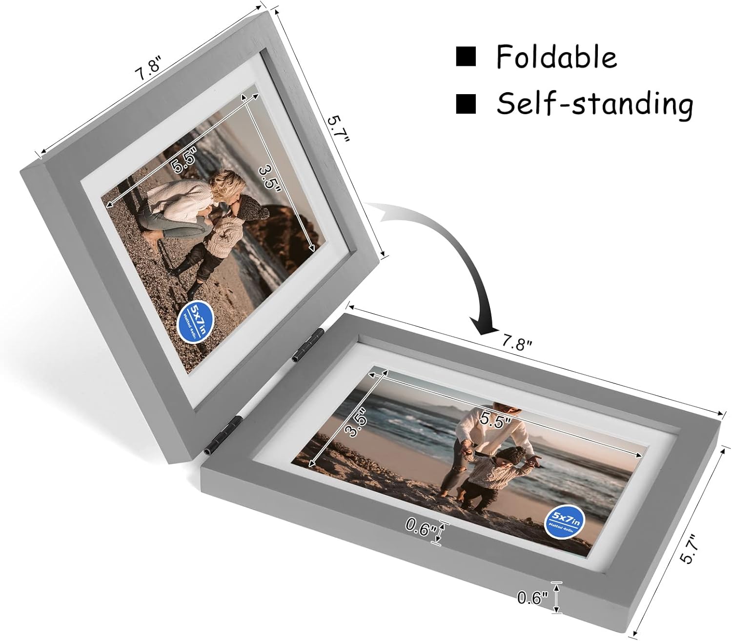 5X7 Double Wooden Hinged Picture Frame Vertical and Horizontal in Gray, Display 4x6 with Mat or 5x7 without Mat, Folding Photo Frame with Real Glass Front for Tabletop P-HUI-SH57