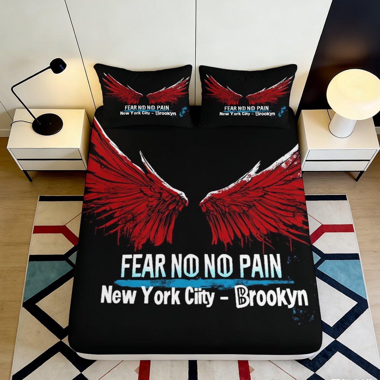 3D Printed Red Angel Wings Fitted Sheet Microfiber Black Bed Cover for Bedroom Dorm Mattress Protection Decor 90x200x25cm