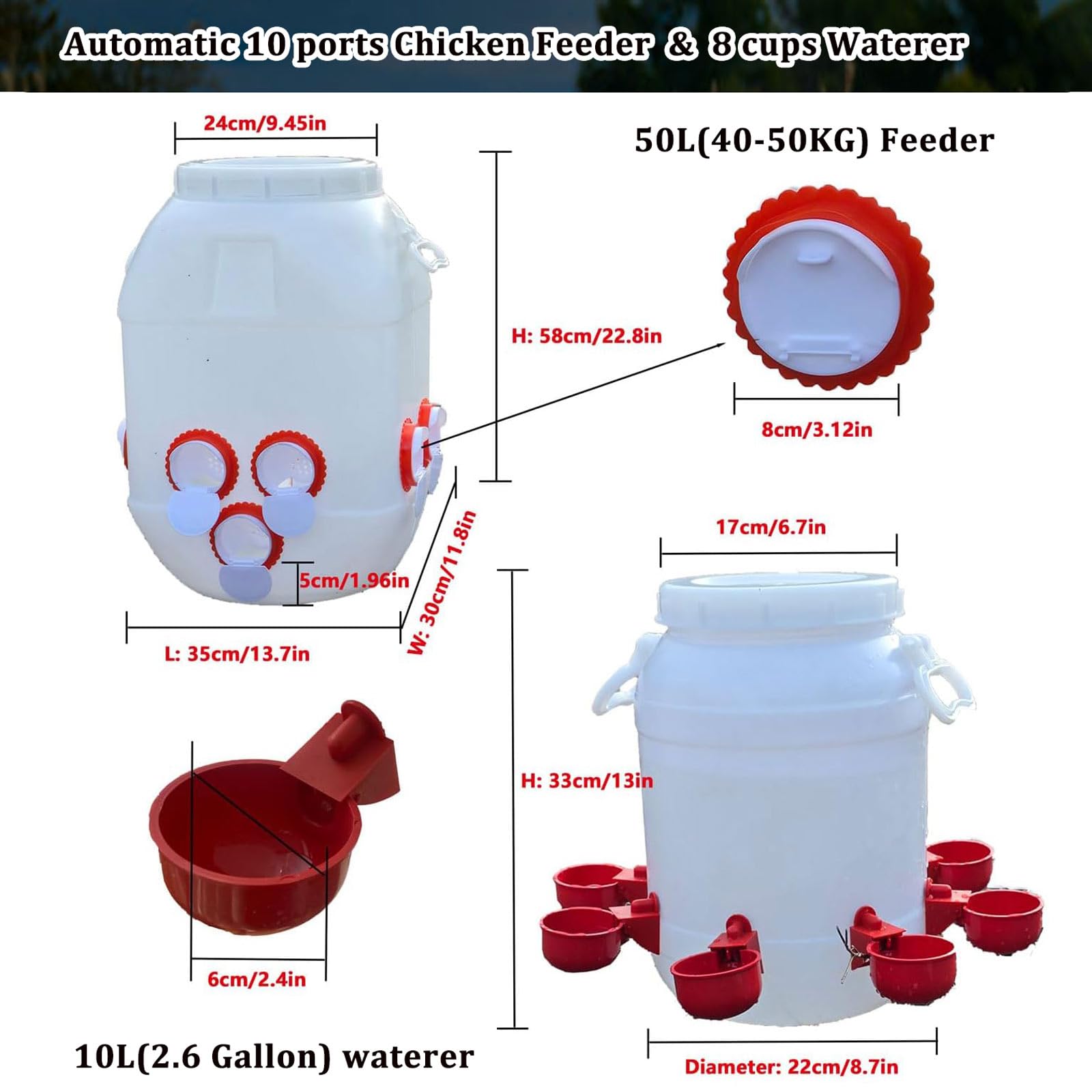 Set Mangiatoia e Abbeveratoio per Galline Polli, Plastica Resistente Alimentatore 50L con 10 Porte, Distributore Acqua 10L con 8 Tazze per Pulcini Anatre Pollame(Color:Bianco)