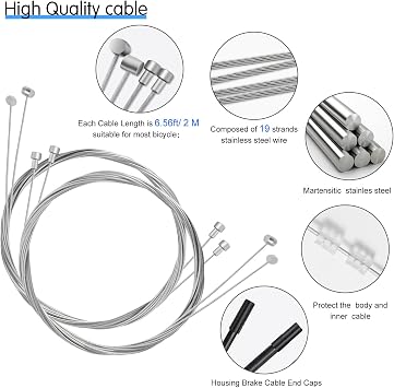 4PCS Universal Bike Brake Cable,Replaceable Brake Inner Wire Cable, Include Free Cable Cap End Crimps O-Rings Accessories, Professional Bicycle Brake Line For Mountain Bikes MTB or Road Bikes, 2M Long