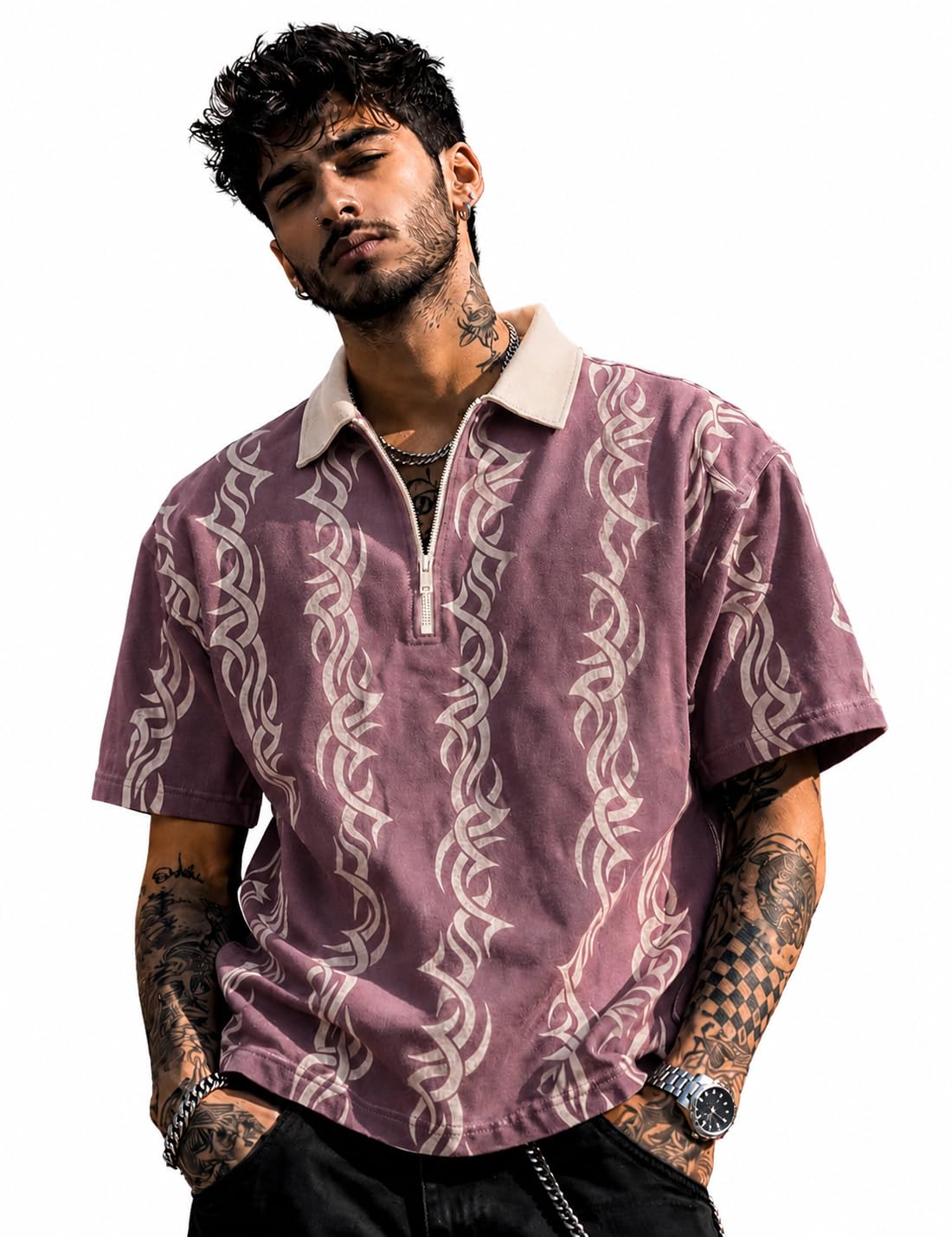 force Men's Fashion Cotton Polo Neck Printed Oversized Tshirt Pink-picture-39