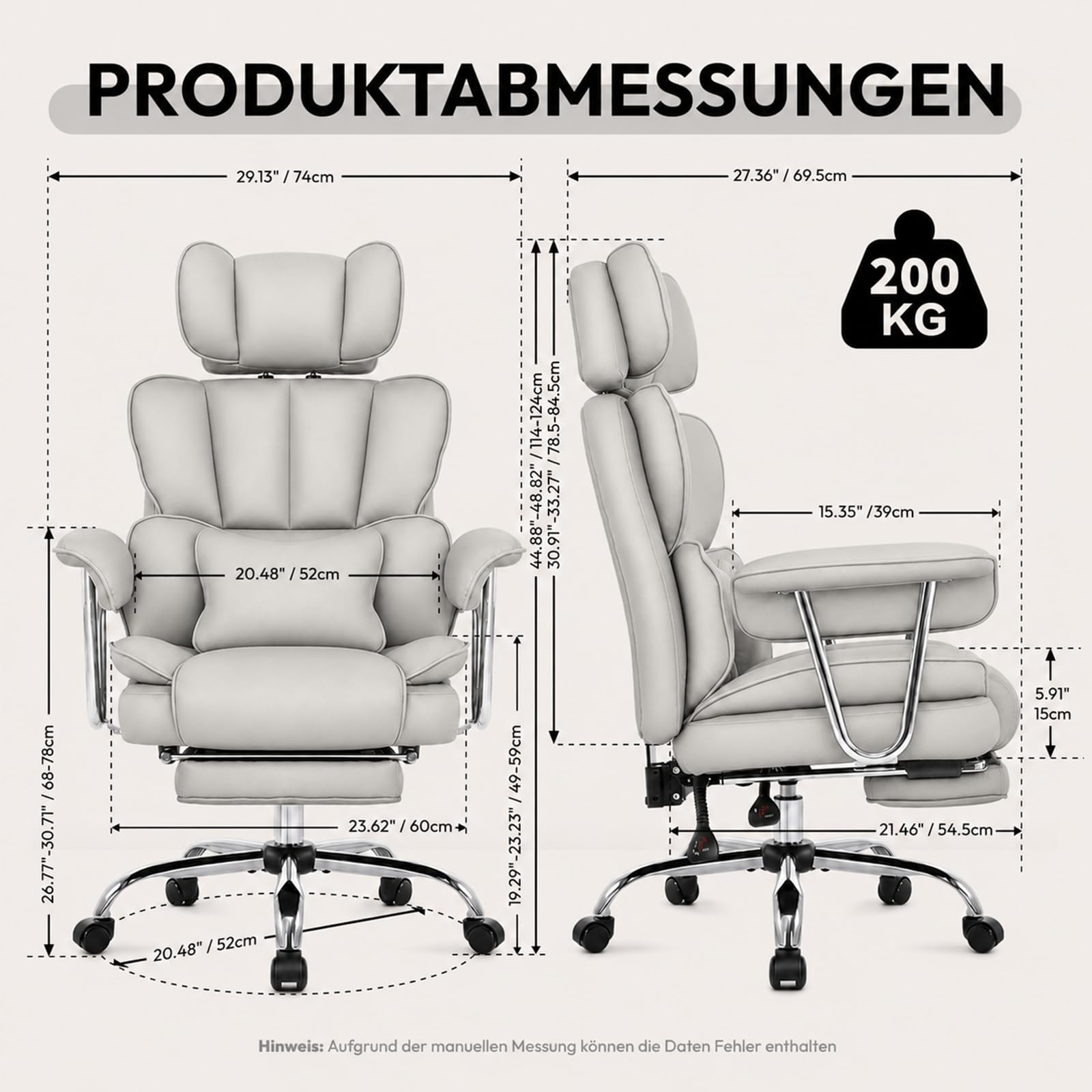 Ergonomischer Chefsessel Bürostuhl Gaming Stuhl Hochlehner mit Fußstütze & verstellb. Lendenstütze, 200 kg belastbar, Extra breiter Sitz, 90°–135° Rückenlehne, Polsterung, Modern Büro/Homeoffice, Grau