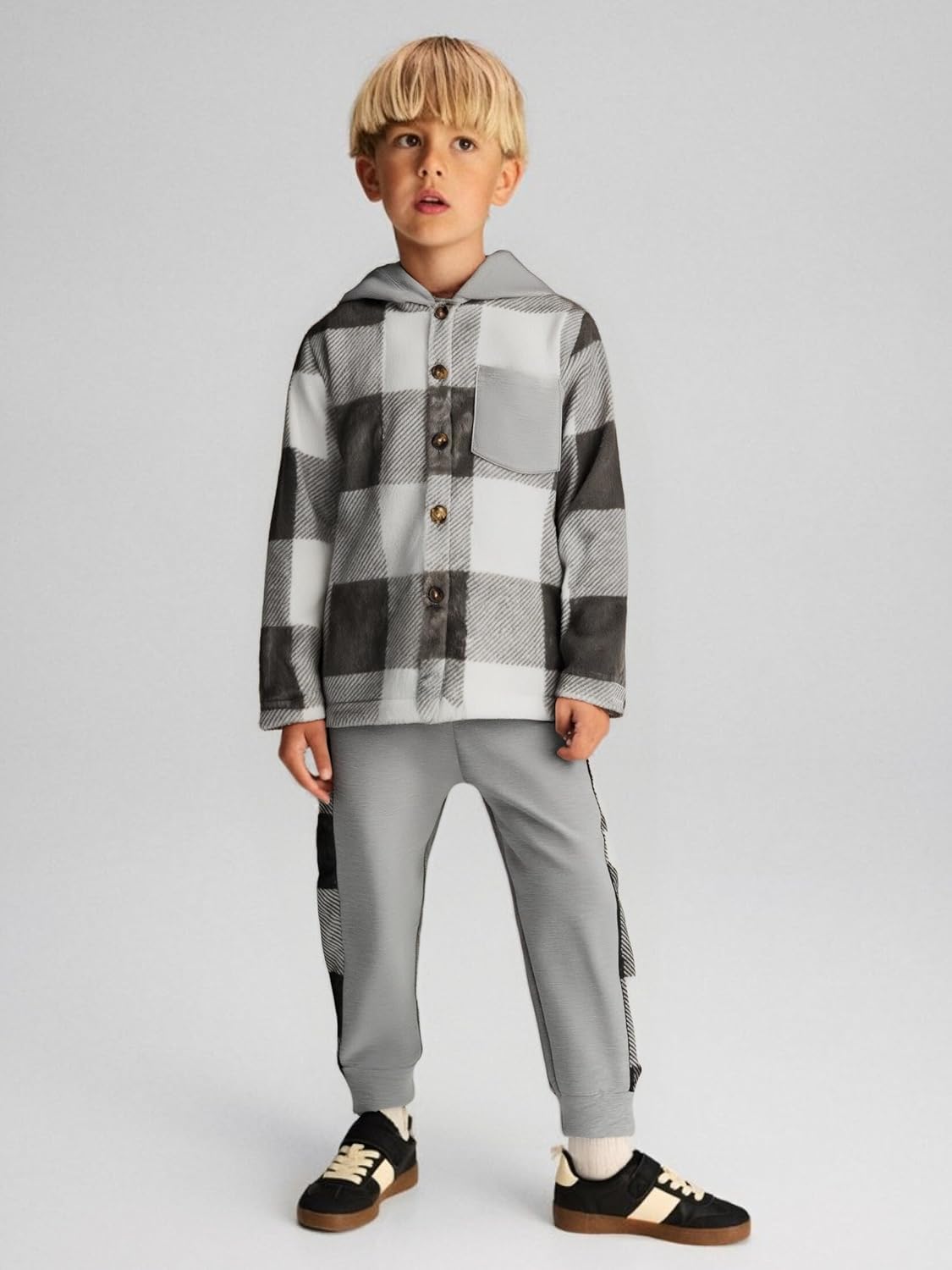 Boys Clothes Plaid Hooded Shirt 2pcs Outfit, Button Front Toddler Fall Winter Hoodie & Sweatpants Set, 4-8 years - Image 2