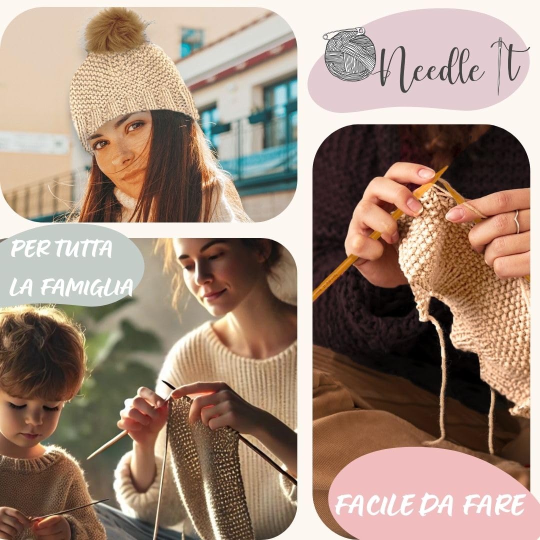 Needle It® Kit completo per lavorare a maglia il cappello verde scuro - Cappello di lana fai da te per bambini e adulti - Kit completo con ago, gomitolo e istruzioni - Lana francese