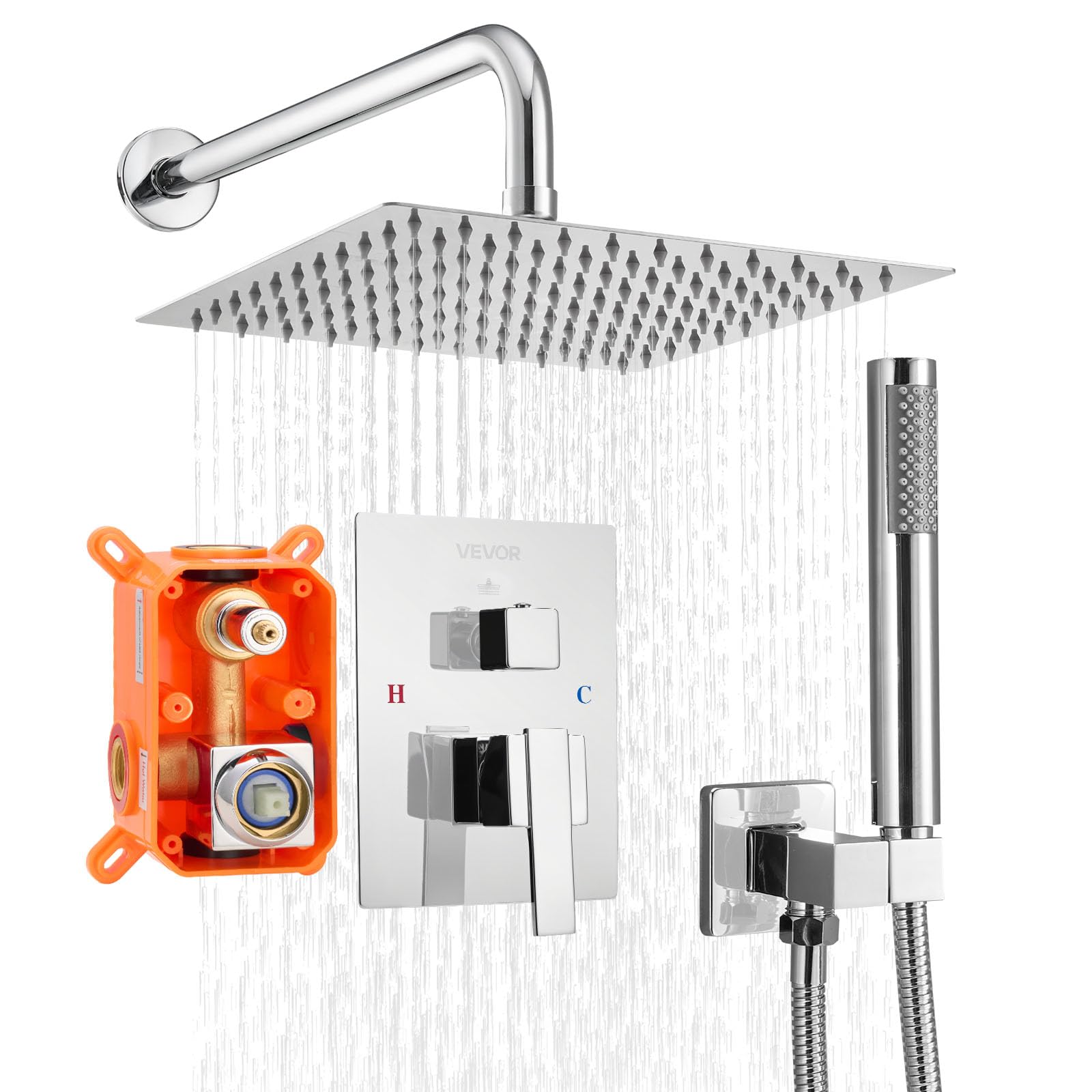 VEVOR Ensemble de Robinetterie de Douche Encastrable, Système de Douche de Pluie avec Pommeau de Tête Carré 25,​4 cm, Douchette à Main et Kit de Garniture, Fixation Murale, Salle de Bain, Argent Chromé