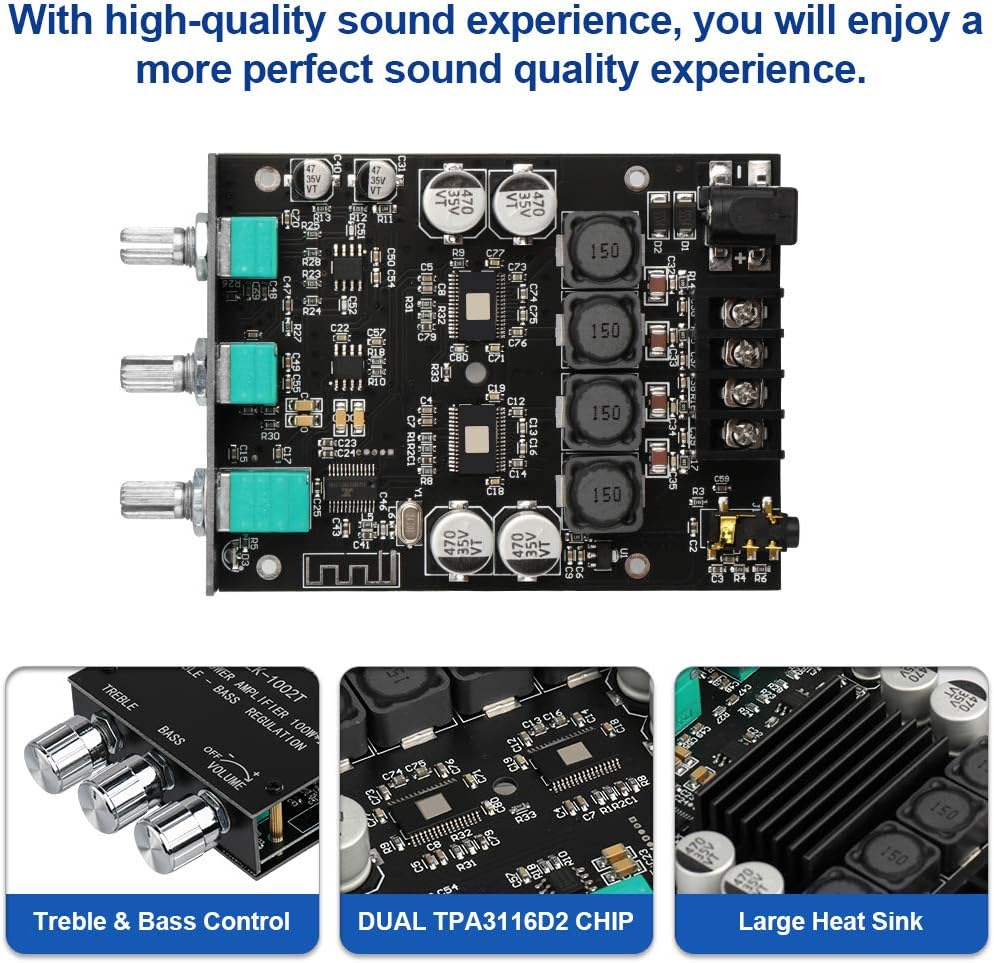 ZK-1002T Bluetooth Amplifier Board 2.0CH 100W*2 Mini Audio AMP with Treble and Bass Control, BT and AUX Inputs, DC 9-24V Stereo AMP Module for Home Speakers, Update Version APP Control - Image 3