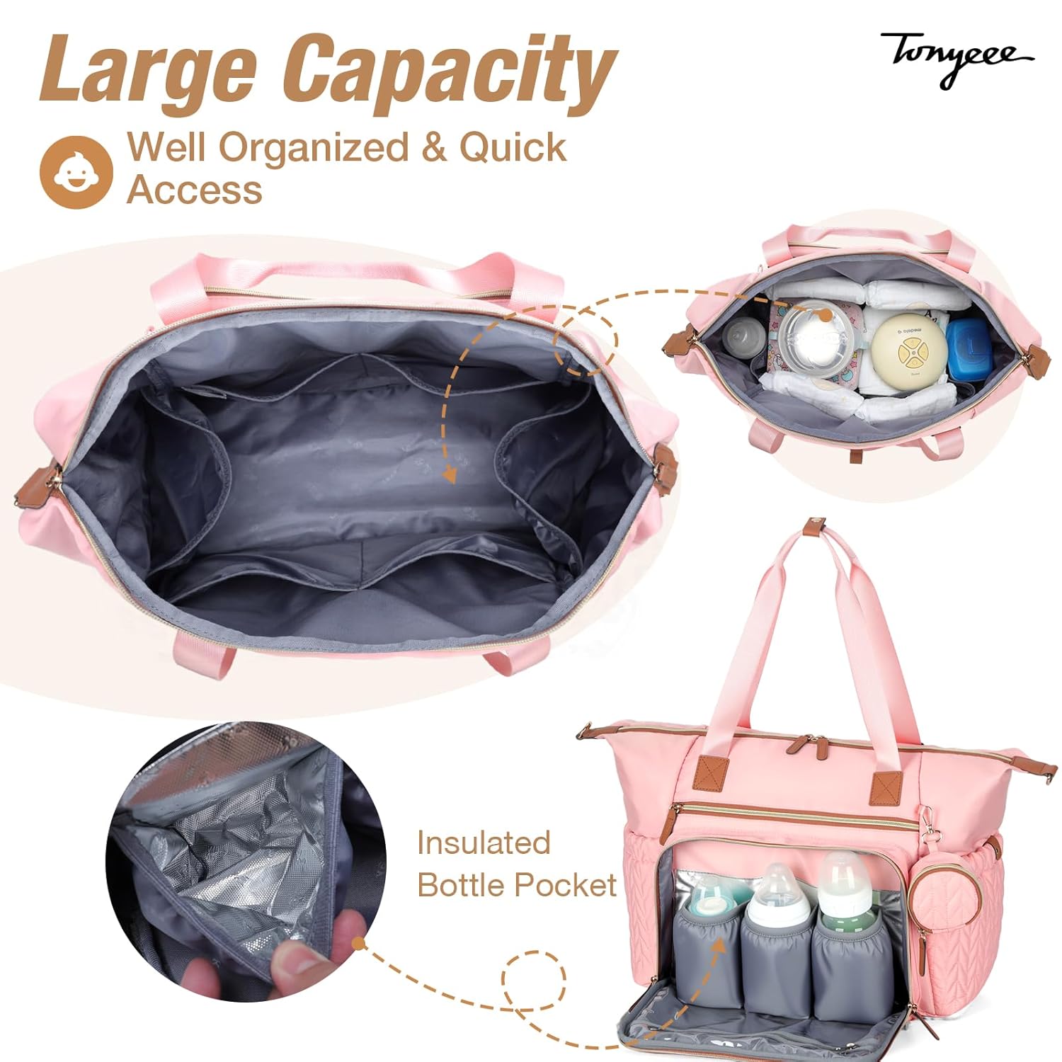 Diaper Bag Tote, Large Diaper Bags Waterproof, Hospital Bag for Labor Delivery, Baby Bag with Pacifier Case, Travel Diaper Tote with Changing Pad, Pink - Image 2