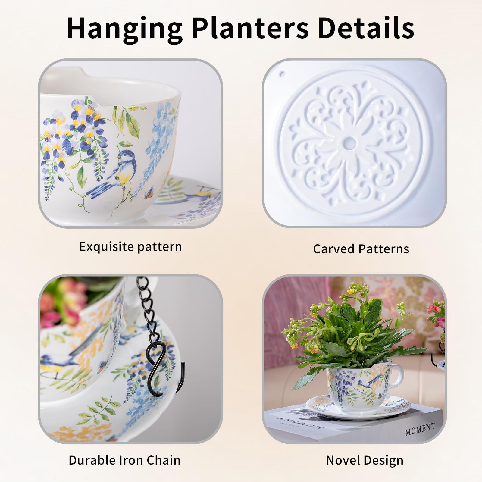 TEATALK Jardinières suspendues pour plantes d'intérieur, pot de fleurs à suspendre avec chaîne, 16 cm, pots de fleurs suspendus pour jardin, maison, pot de fleurs en céramique (fleurs oiseaux)