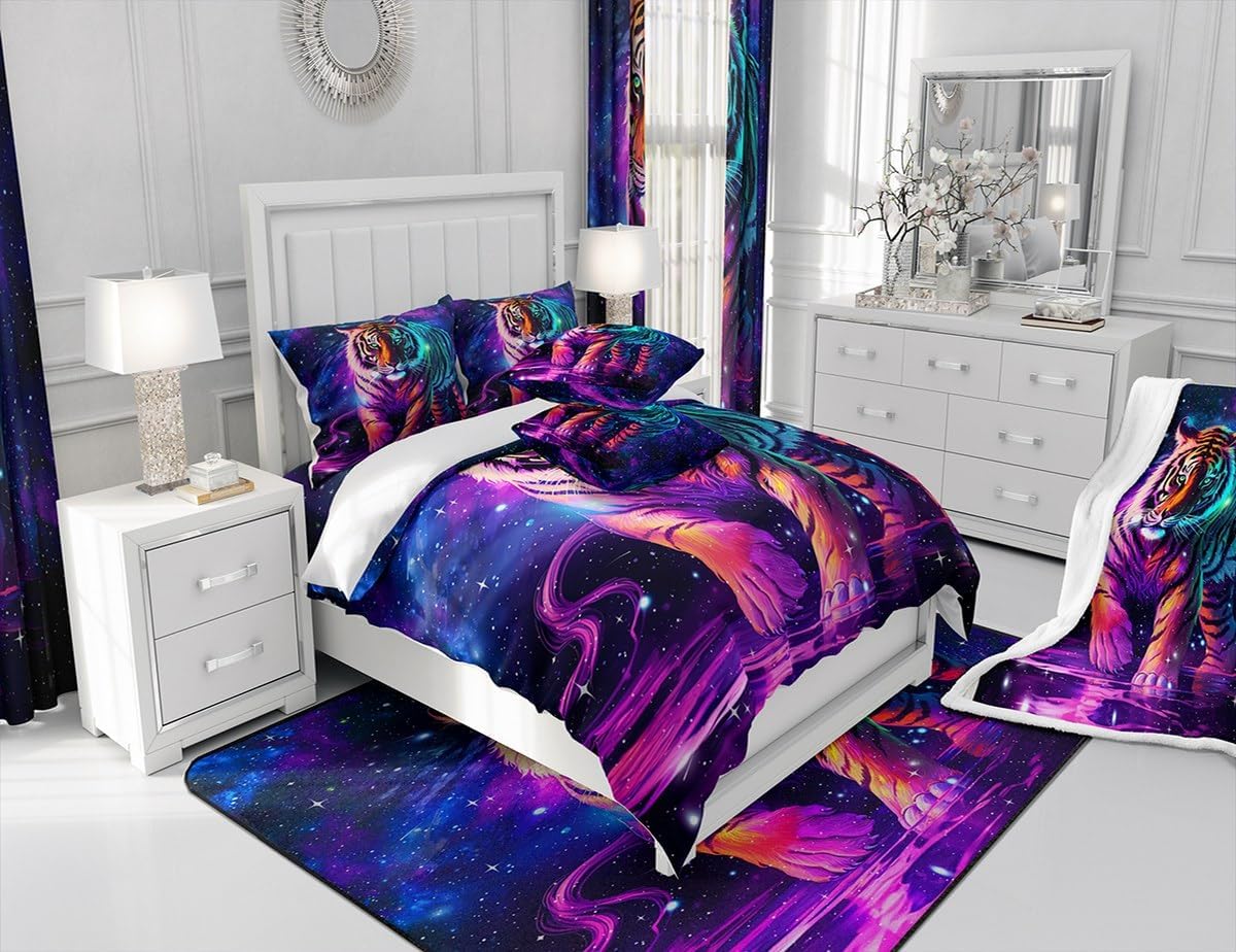 Feelyou Tiger Bedding Set for Girls Boys Kids Twin Size 3D Animal Print Comforter Room Decor Luxury Galaxy Comforter Set Purple Quilt Set 2Pcs