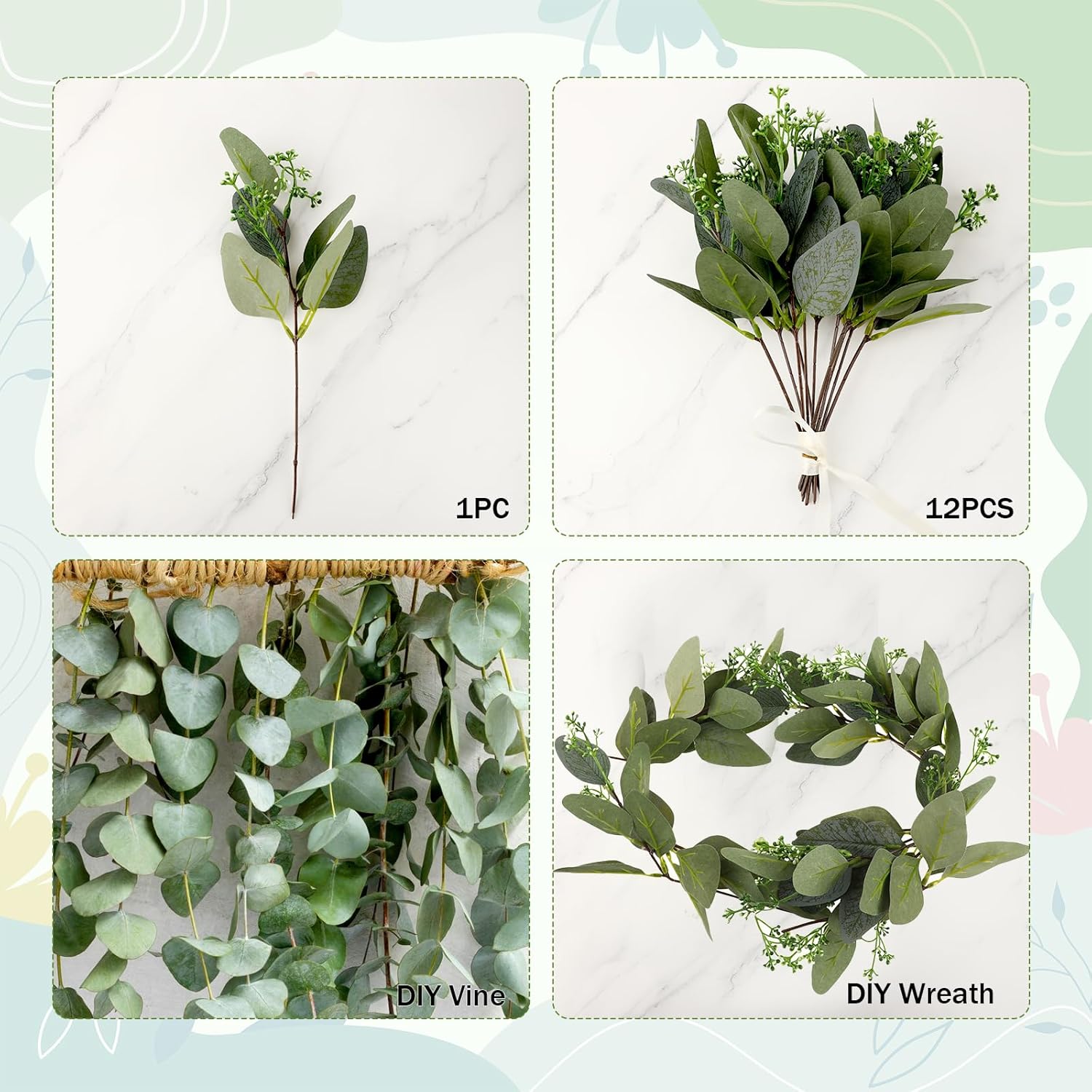 Jeffdad 12 Pcs Eucalyptus Stems Leaves Mixed, Artificial Eucalyptus Branches for Vases, Faux Silver Dollar Eucalyptus Stems for Garland Bouquets Arrangement (Eucalyptus with Fruits)